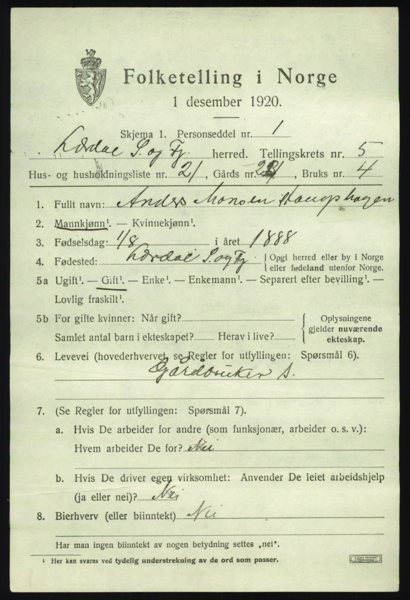 SAB, 1920 census for Lærdal, 1920, p. 2686