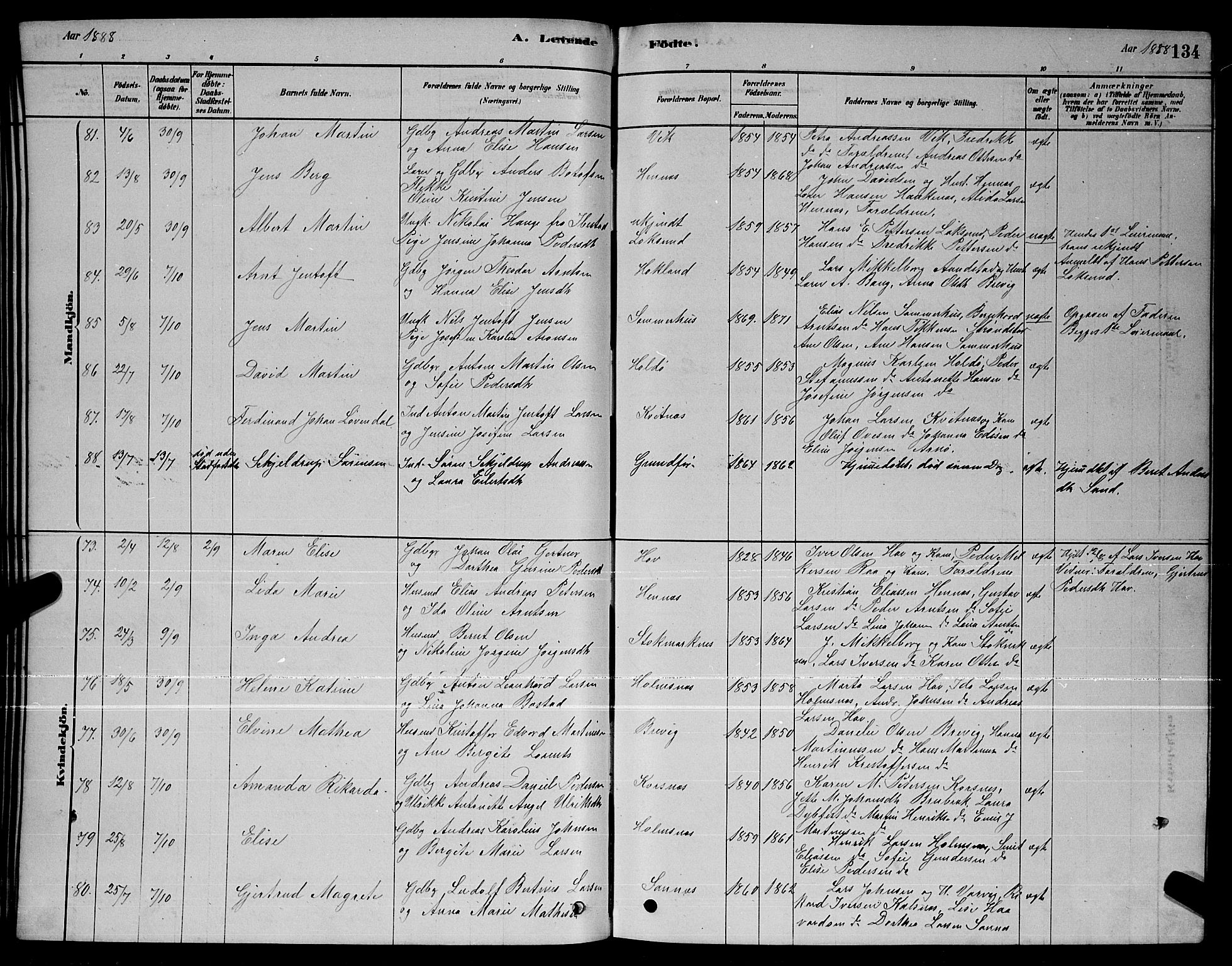 Ministerialprotokoller, klokkerbøker og fødselsregistre - Nordland, AV/SAT-A-1459/888/L1267: Parish register (copy) no. 888C05, 1878-1890, p. 134