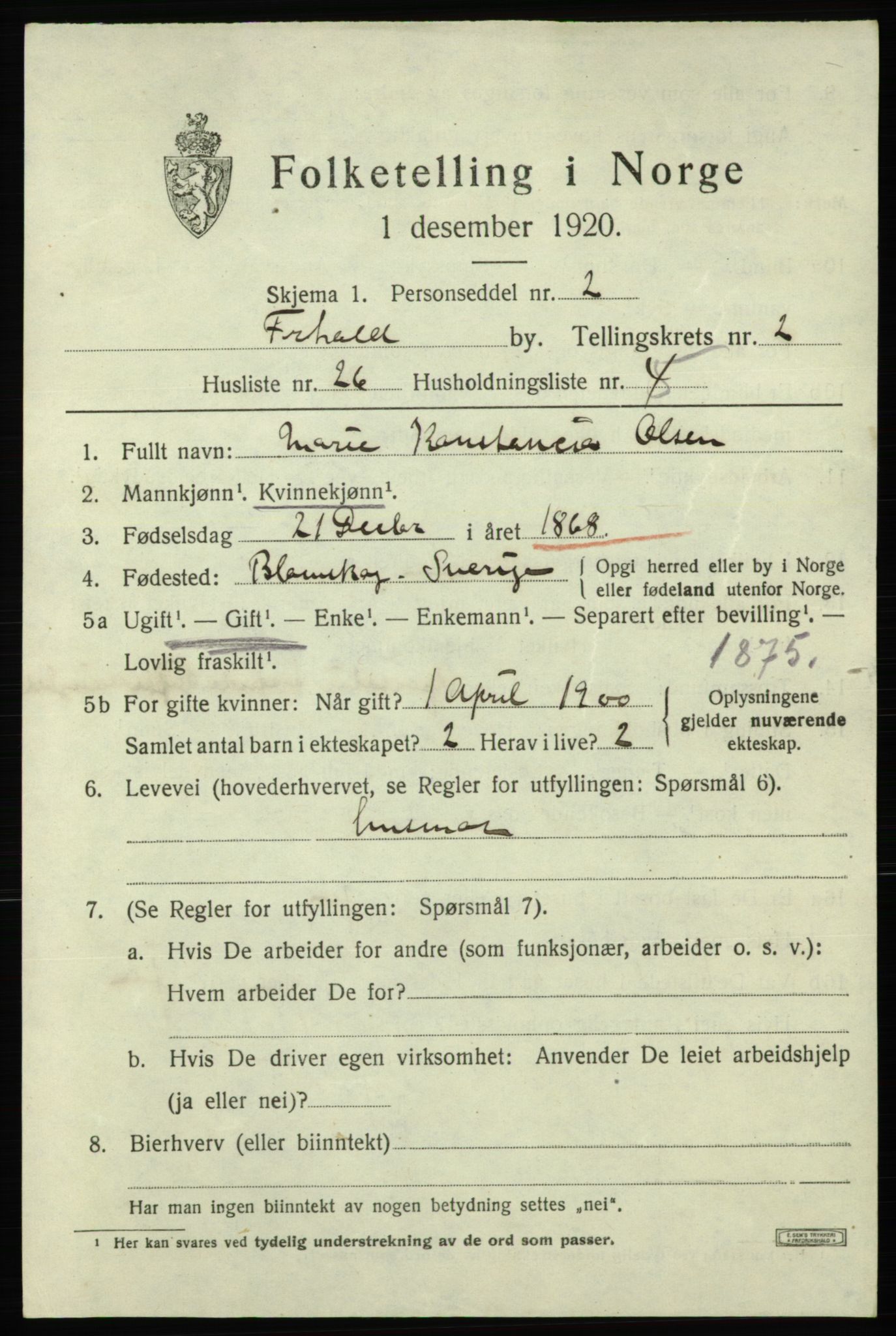 SAO, 1920 census for Fredrikshald, 1920, p. 9894