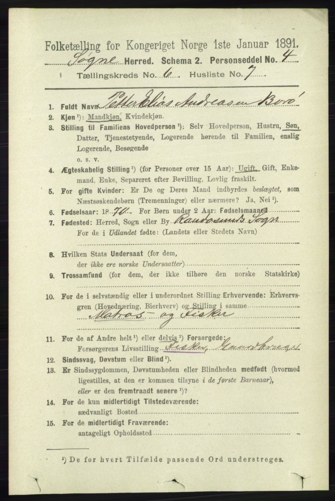 RA, 1891 census for 1018 Søgne, 1891, p. 1405