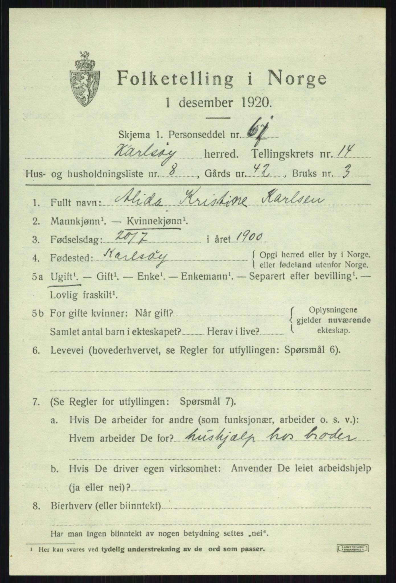 SATØ, 1920 census for Karlsøy, 1920, p. 5217