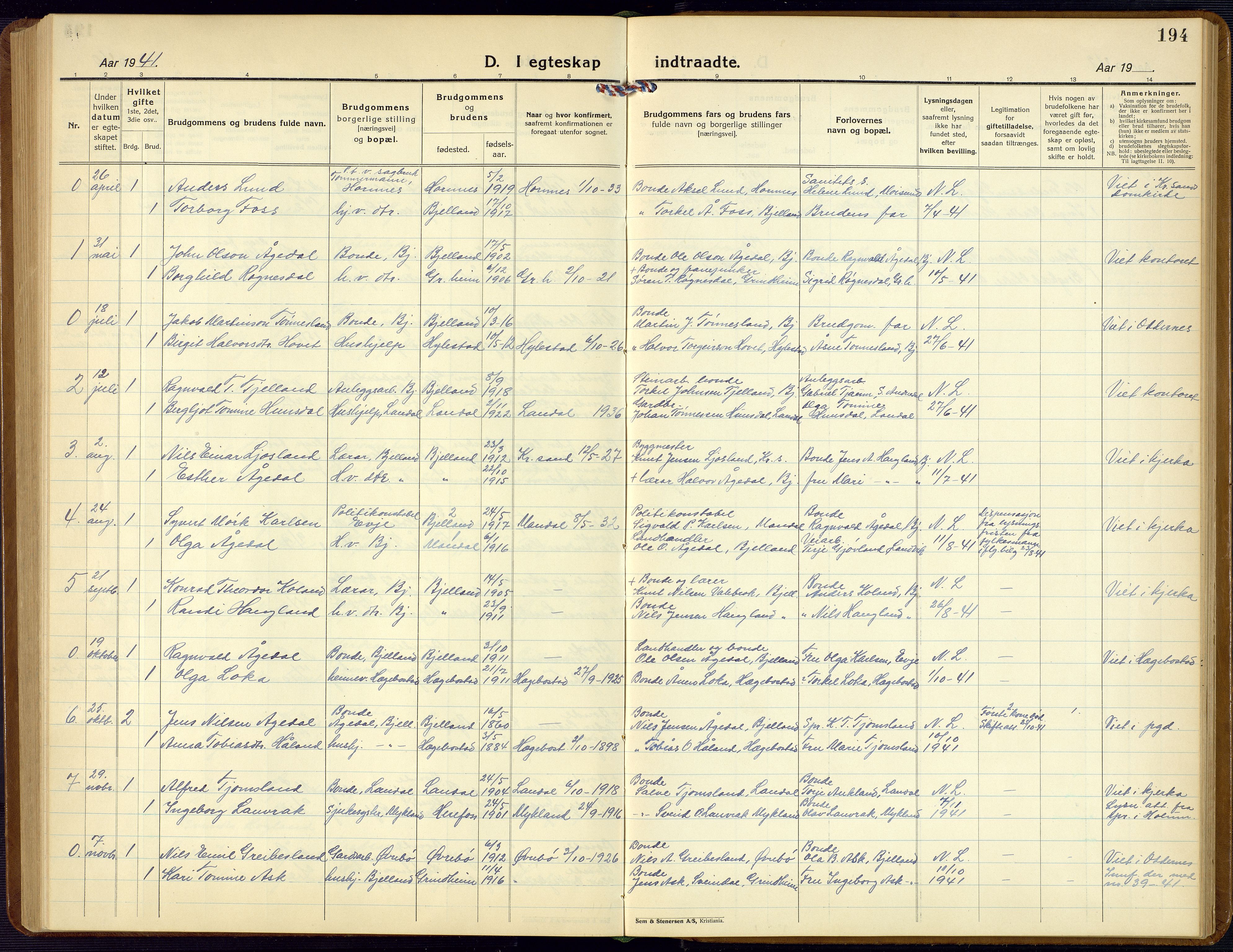 Bjelland sokneprestkontor, SAK/1111-0005/F/Fb/Fba/L0006: Parish register (copy) no. B 6, 1923-1956, p. 194