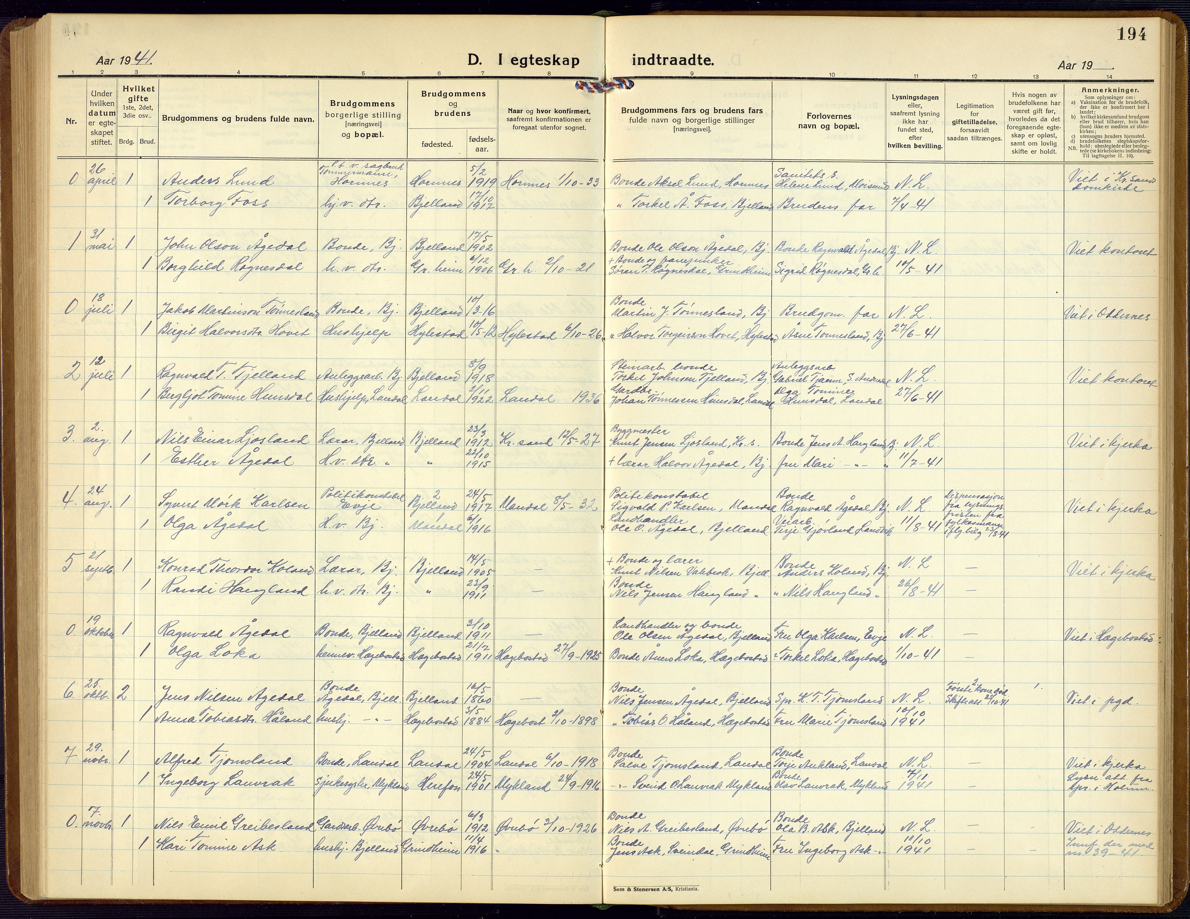 Bjelland sokneprestkontor, AV/SAK-1111-0005/F/Fb/Fba/L0006: Parish register (copy) no. B 6, 1923-1956, p. 194