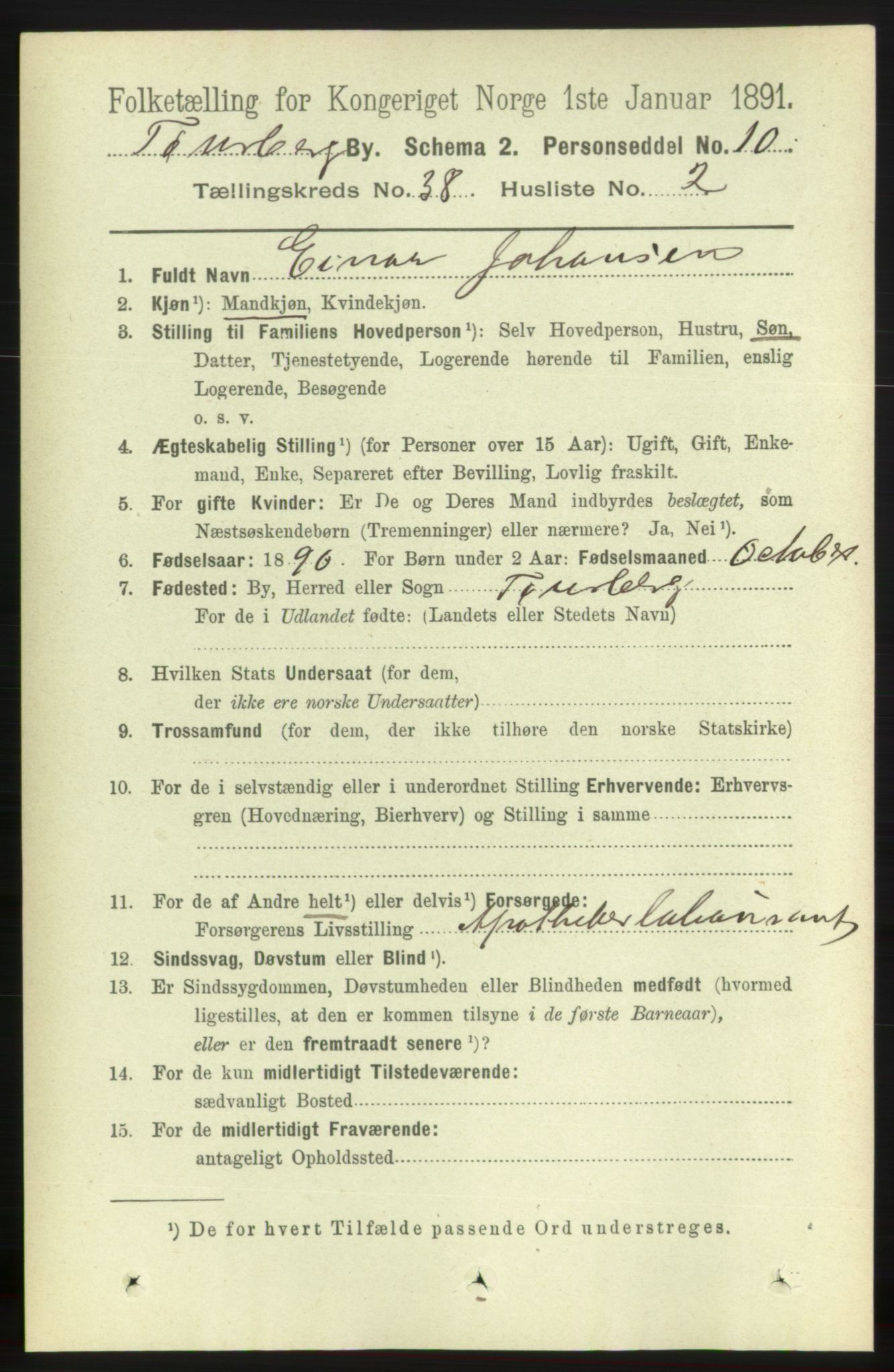 RA, 1891 census for 0705 Tønsberg, 1891, p. 8098