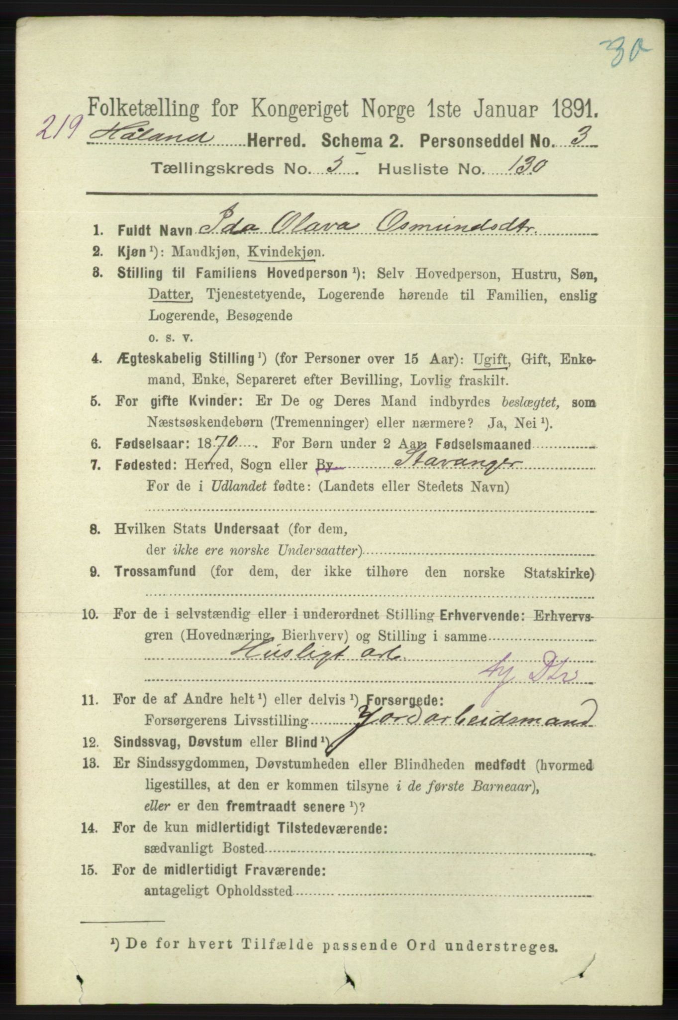 RA, 1891 census for 1124 Haaland, 1891, p. 4081