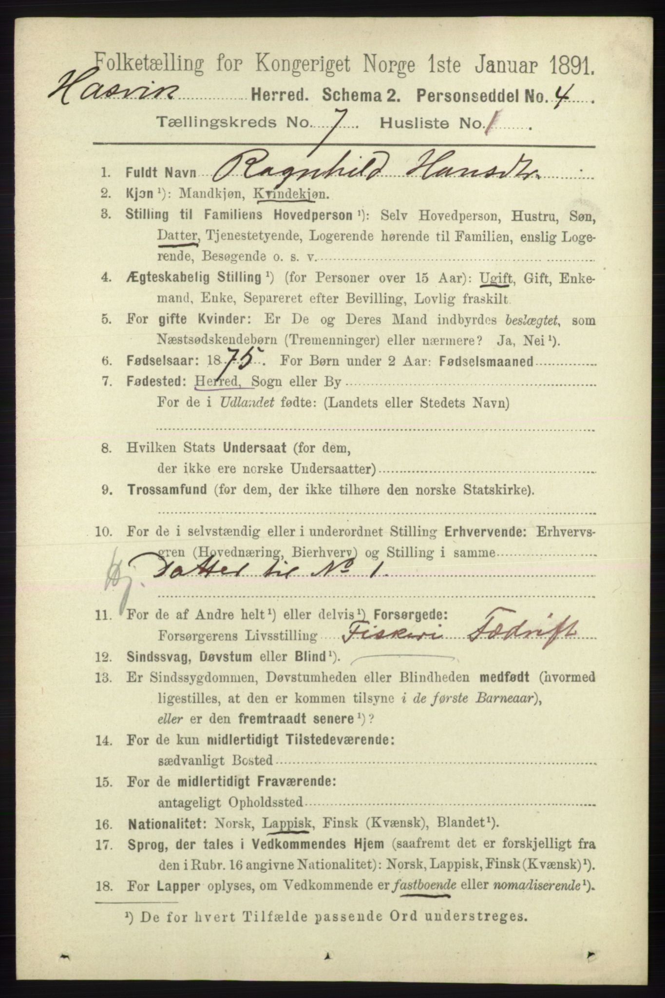 RA, 1891 census for 2015 Hasvik, 1891, p. 968