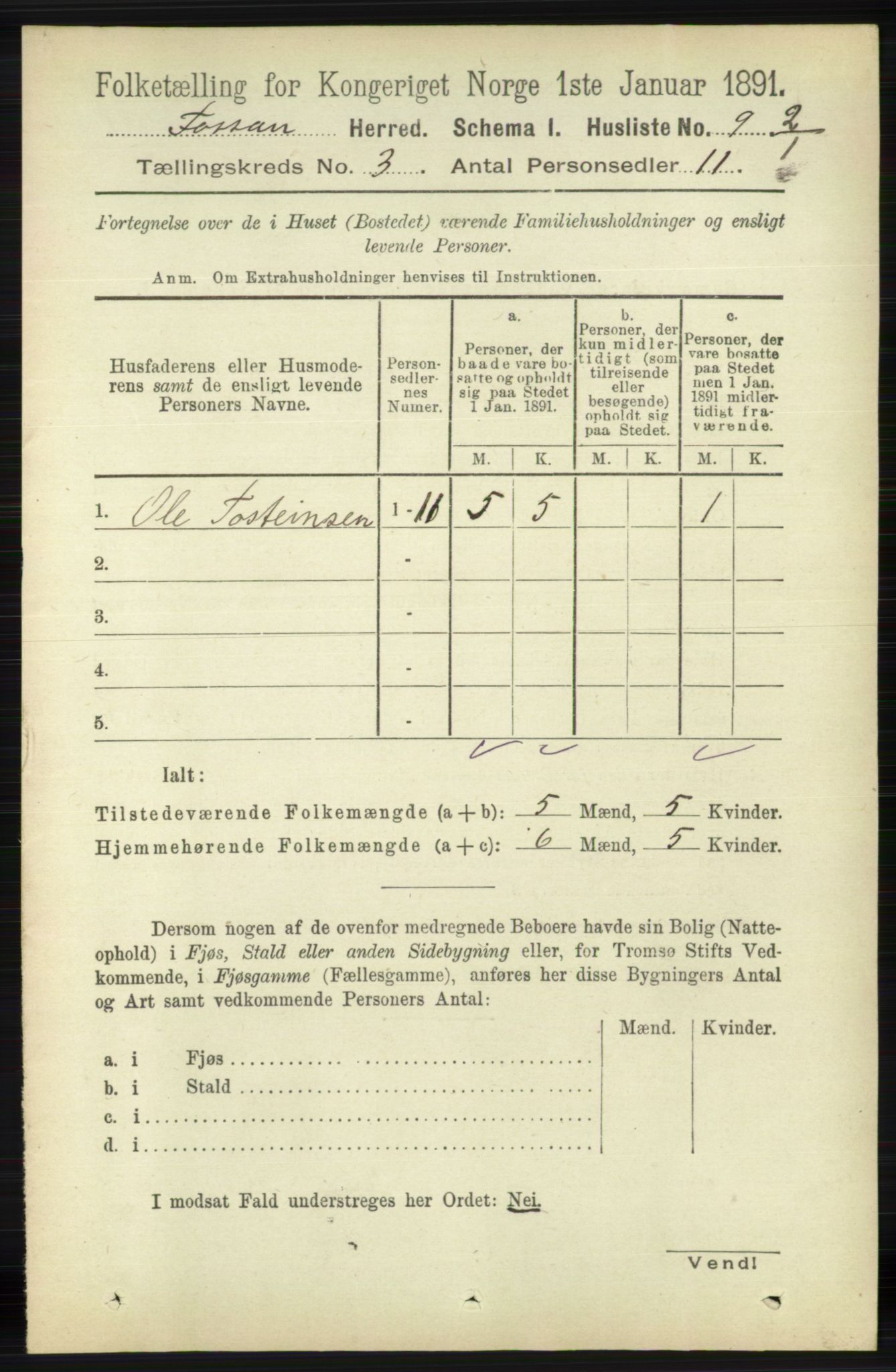 RA, 1891 census for 1129 Forsand, 1891, p. 307