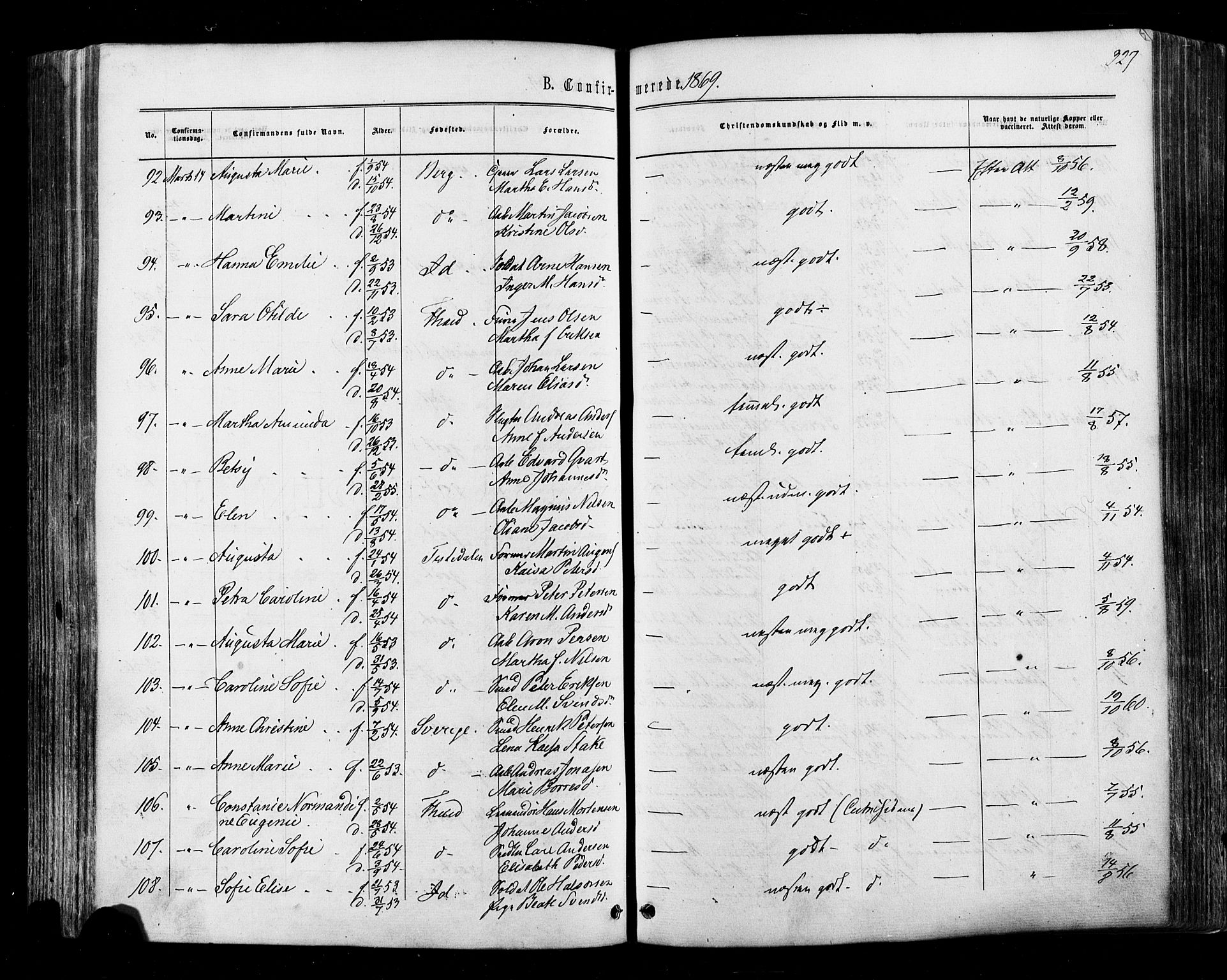 Halden prestekontor Kirkebøker, SAO/A-10909/F/Fa/L0009: Parish register (official) no. I 9, 1866-1877, p. 327