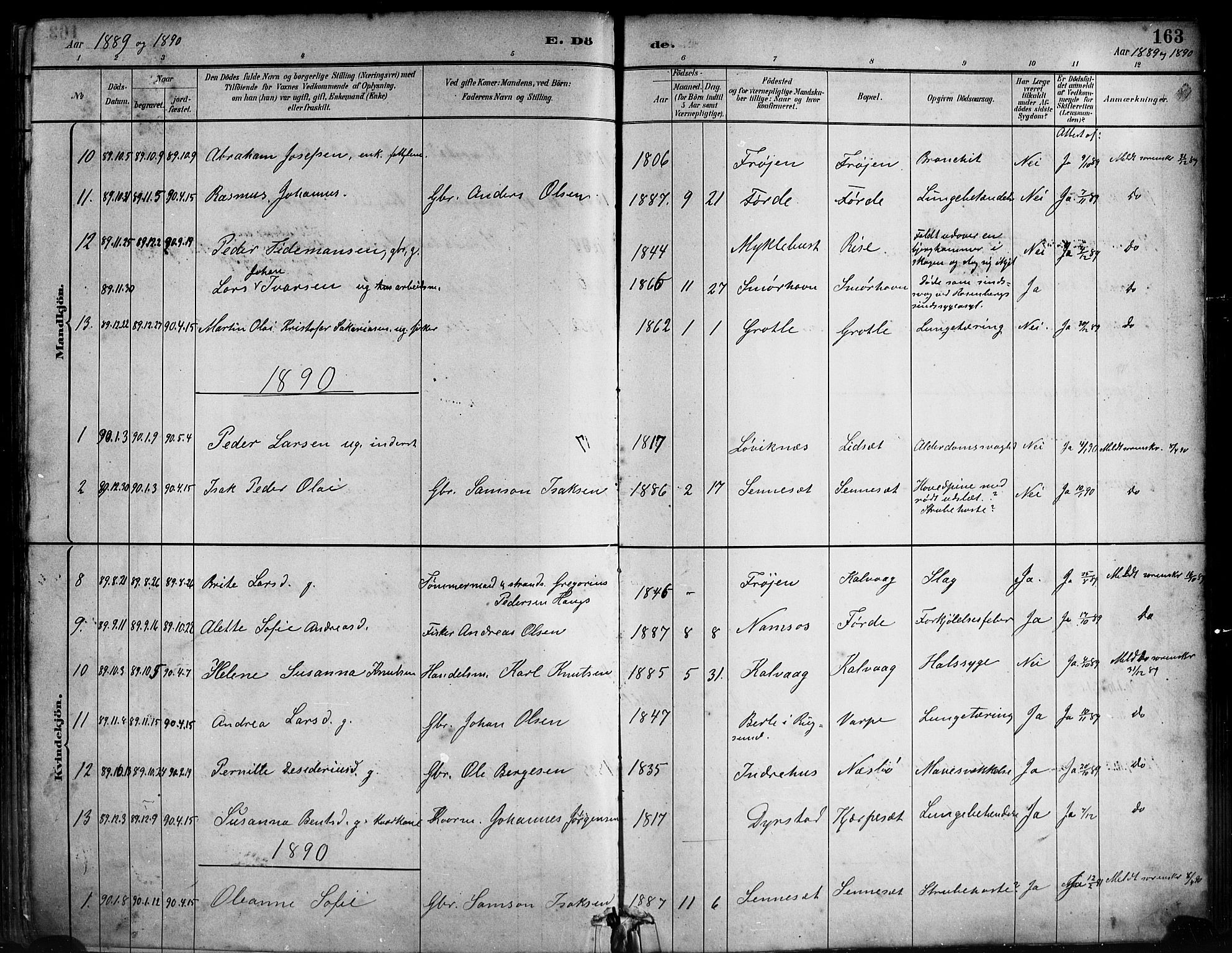 Bremanger sokneprestembete, AV/SAB-A-82201/H/Haa/Haab/L0001: Parish register (official) no. B 1, 1884-1895, p. 163