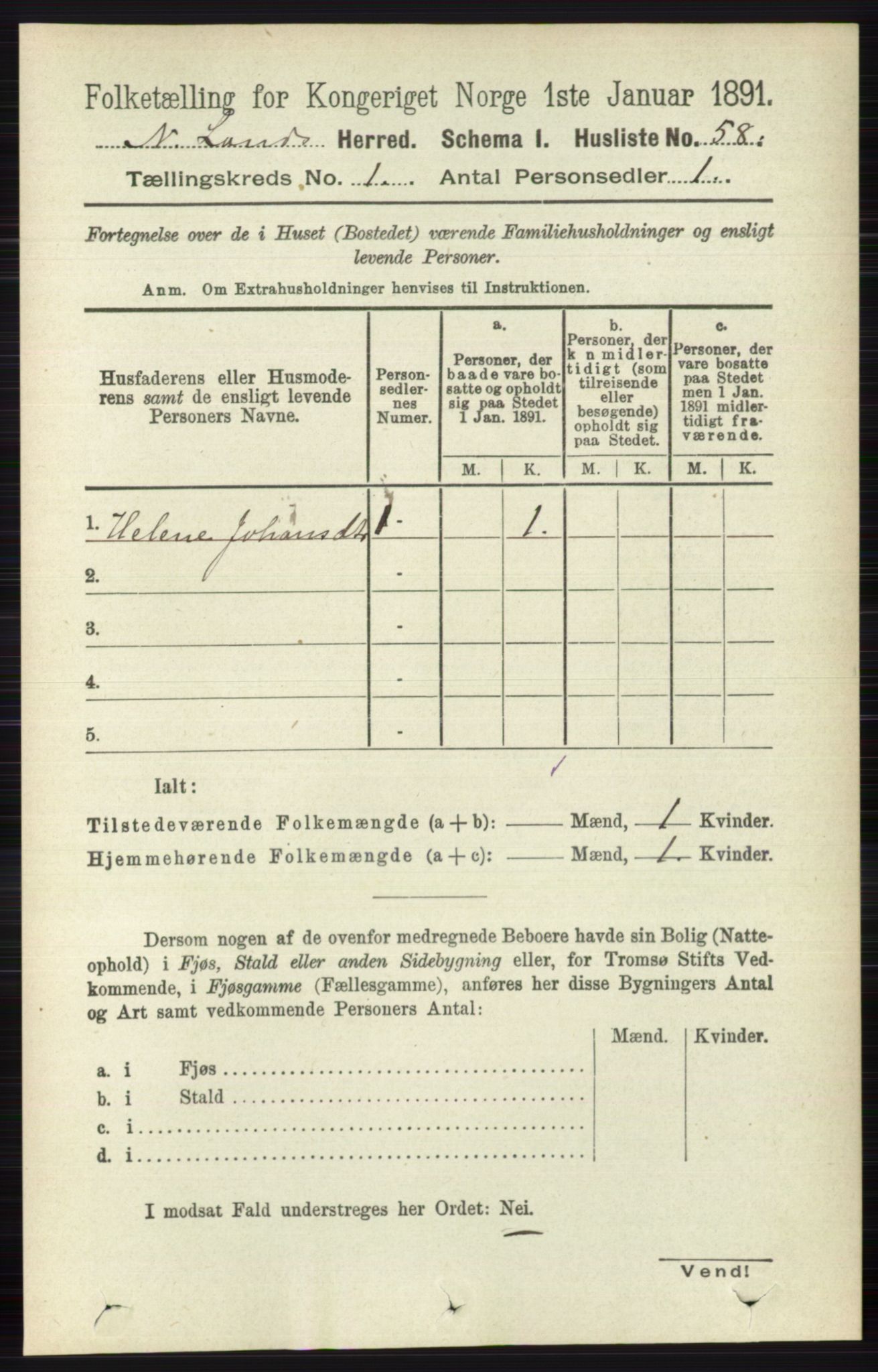 RA, 1891 census for 0538 Nordre Land, 1891, p. 105