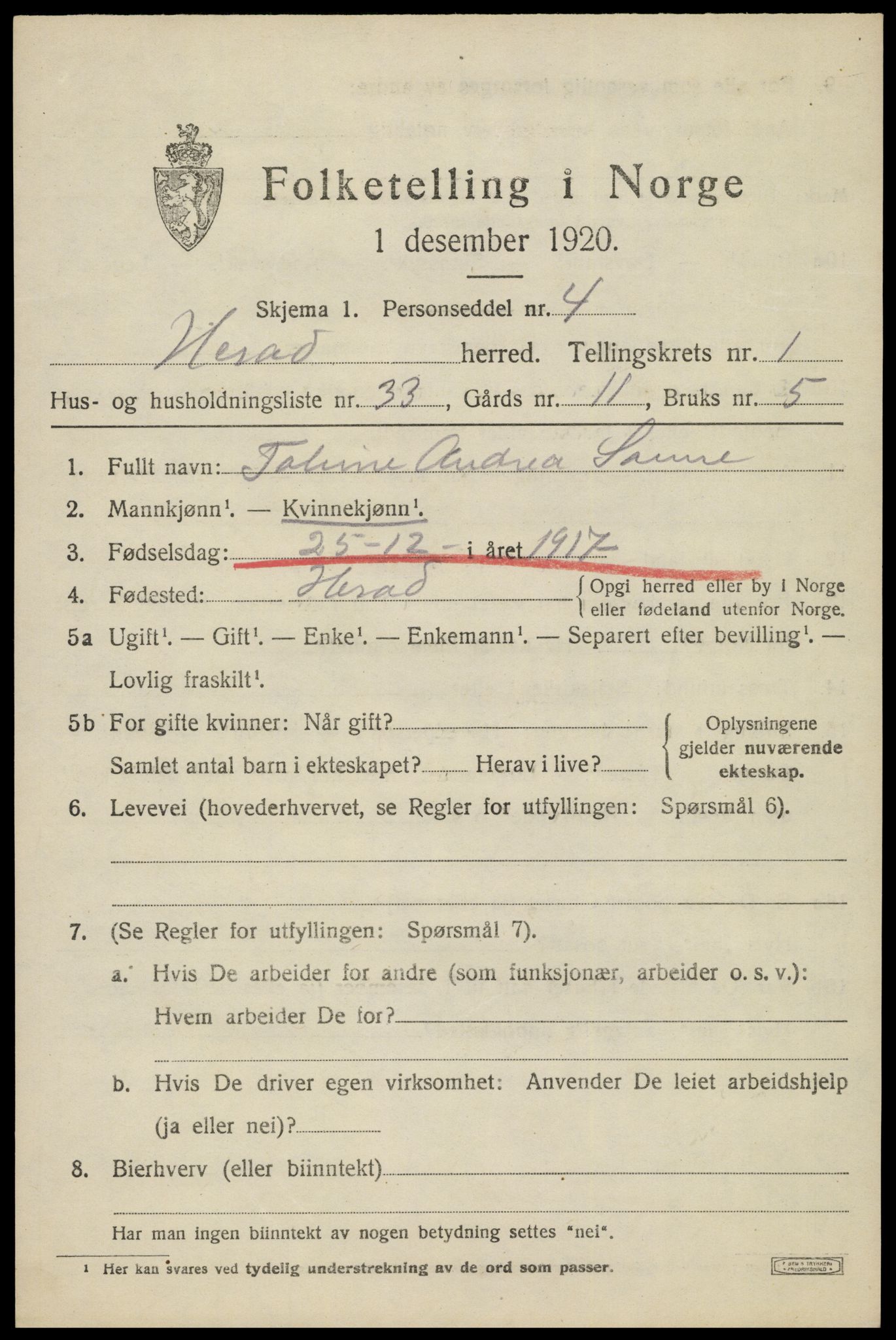 SAK, 1920 census for Herad, 1920, p. 774