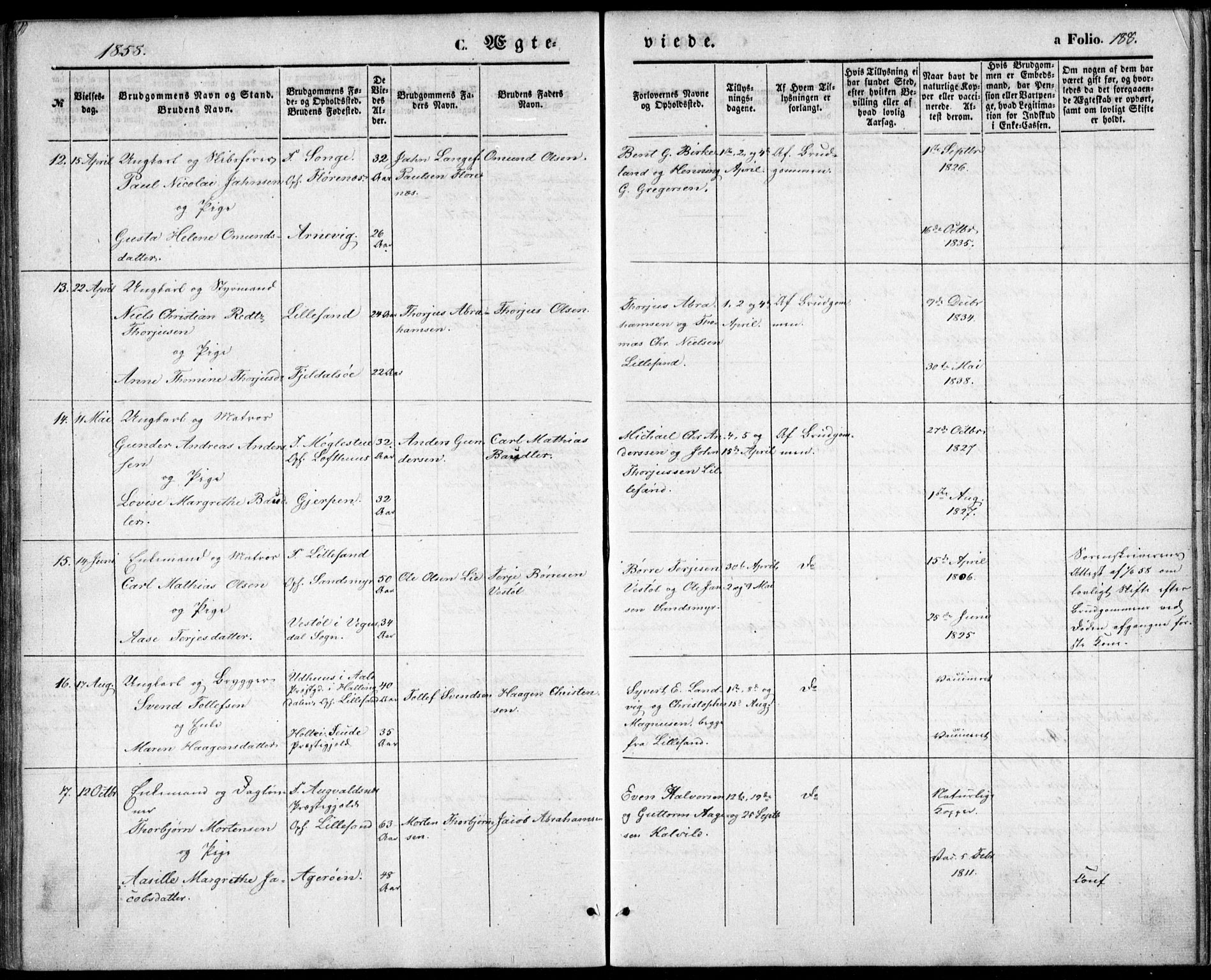 Vestre Moland sokneprestkontor, AV/SAK-1111-0046/F/Fb/Fbb/L0003: Parish register (copy) no. B 3, 1851-1861, p. 188