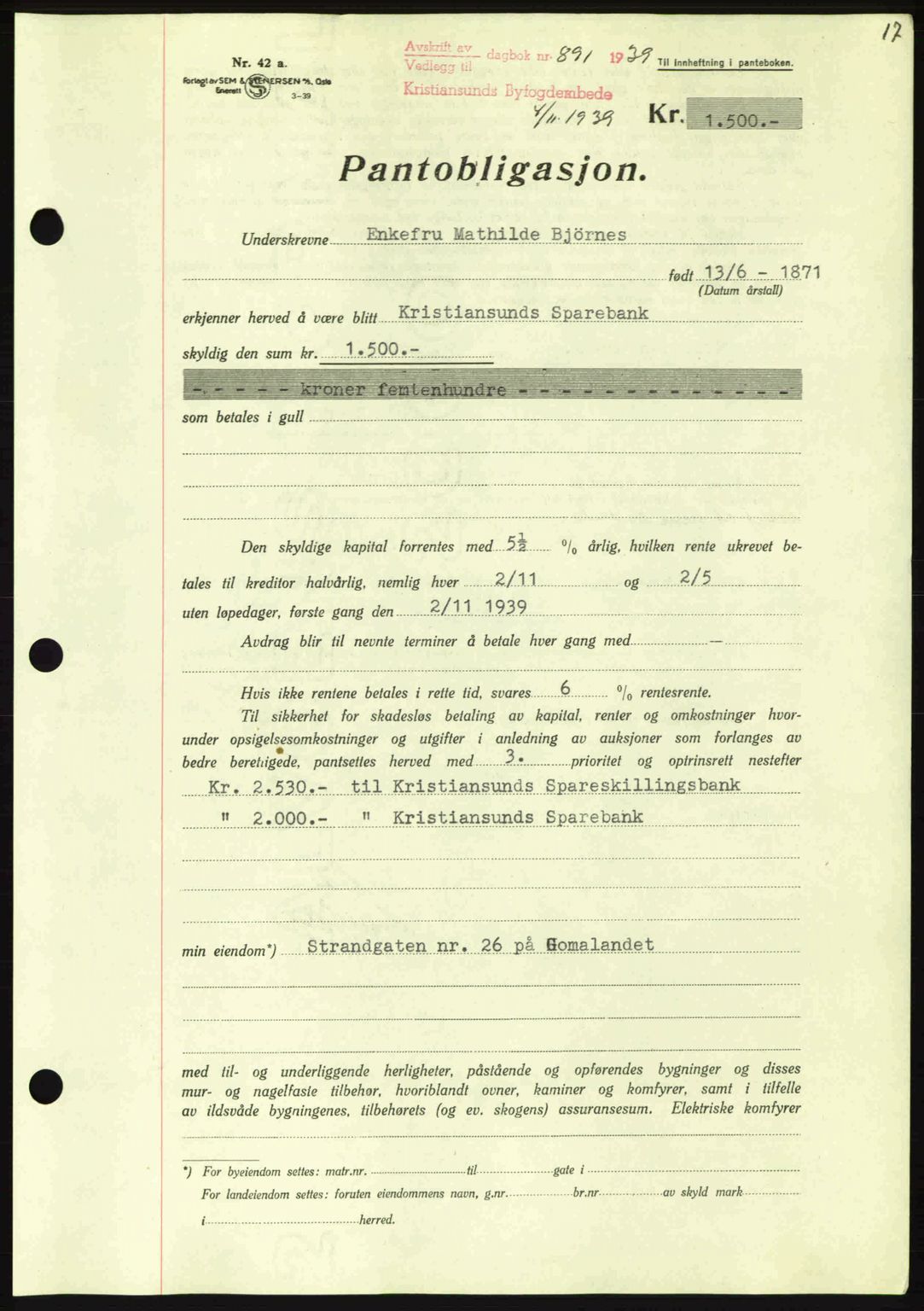 Kristiansund byfogd, AV/SAT-A-4587/A/27: Mortgage book no. 33, 1939-1941, Diary no: : 891/1939