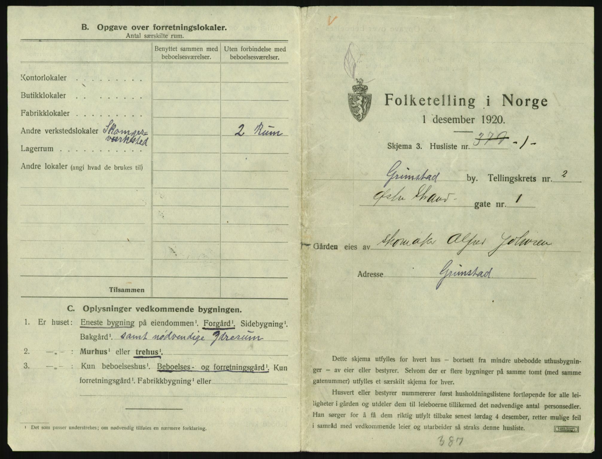 SAK, 1920 census for Grimstad, 1920, p. 207