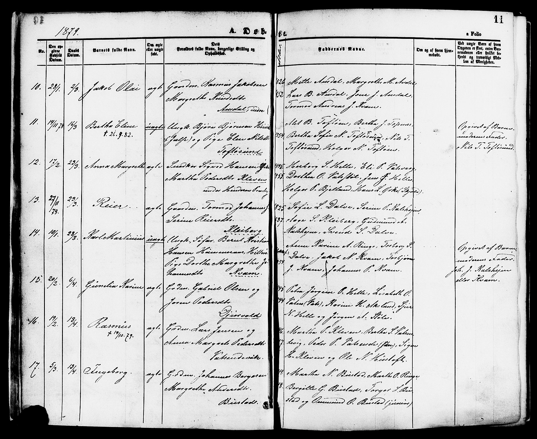 Nedstrand sokneprestkontor, SAST/A-101841/01/IV: Parish register (official) no. A 11, 1877-1887, p. 11
