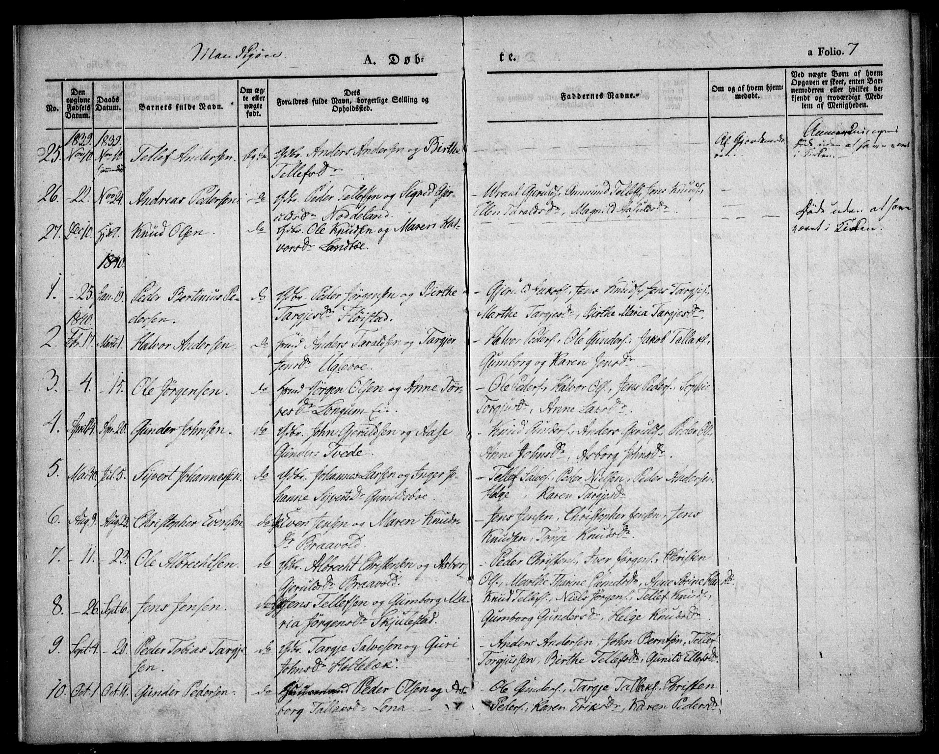 Austre Moland sokneprestkontor, AV/SAK-1111-0001/F/Fa/Faa/L0006: Parish register (official) no. A 6, 1837-1846, p. 7