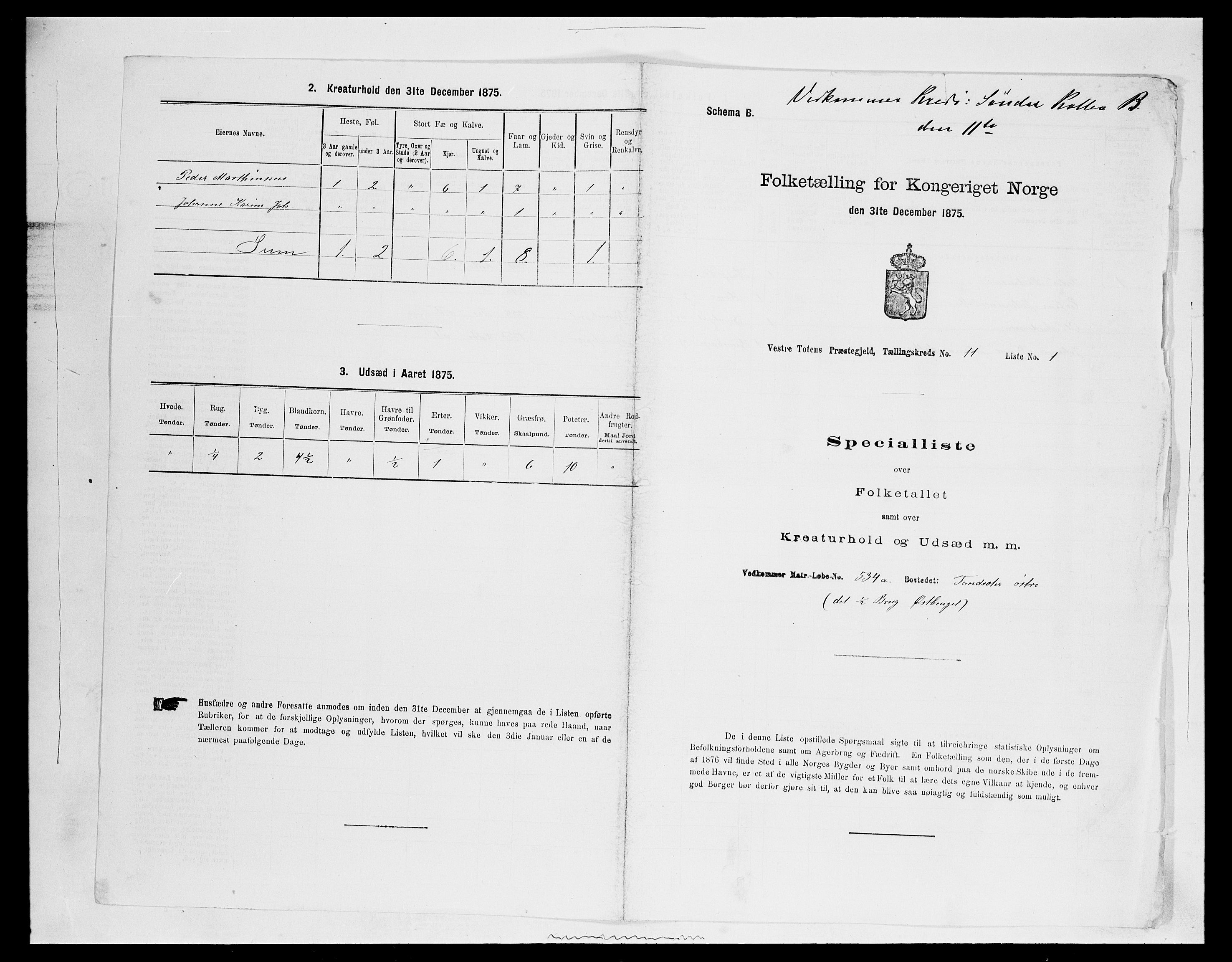 SAH, 1875 census for 0529P Vestre Toten, 1875, p. 2041