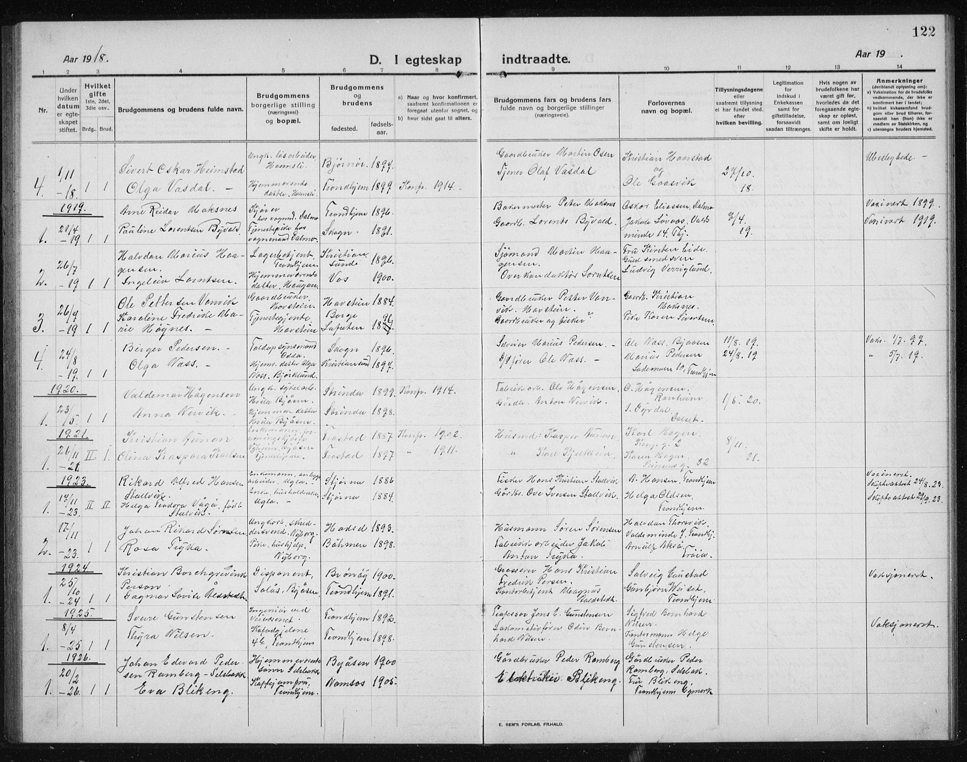 Ministerialprotokoller, klokkerbøker og fødselsregistre - Sør-Trøndelag, SAT/A-1456/611/L0356: Parish register (copy) no. 611C04, 1914-1938, p. 122