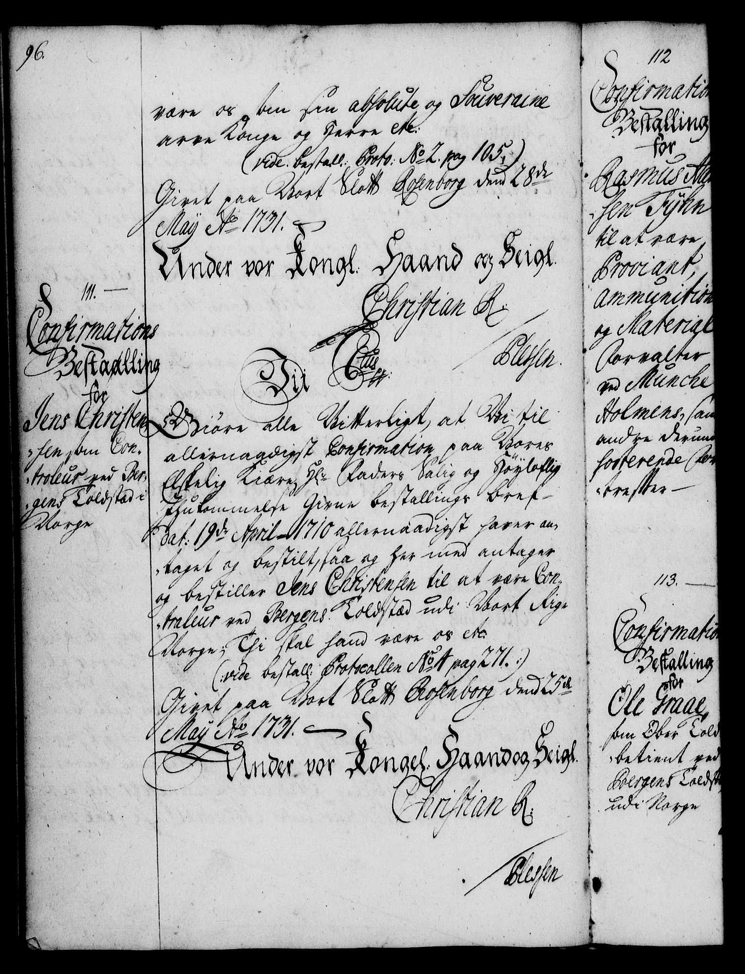 Rentekammeret, Kammerkanselliet, RA/EA-3111/G/Gg/Ggg/L0001: Norsk konfirmasjonsbestallingsprotokoll med register (merket RK 53.31), 1731-1737, p. 96