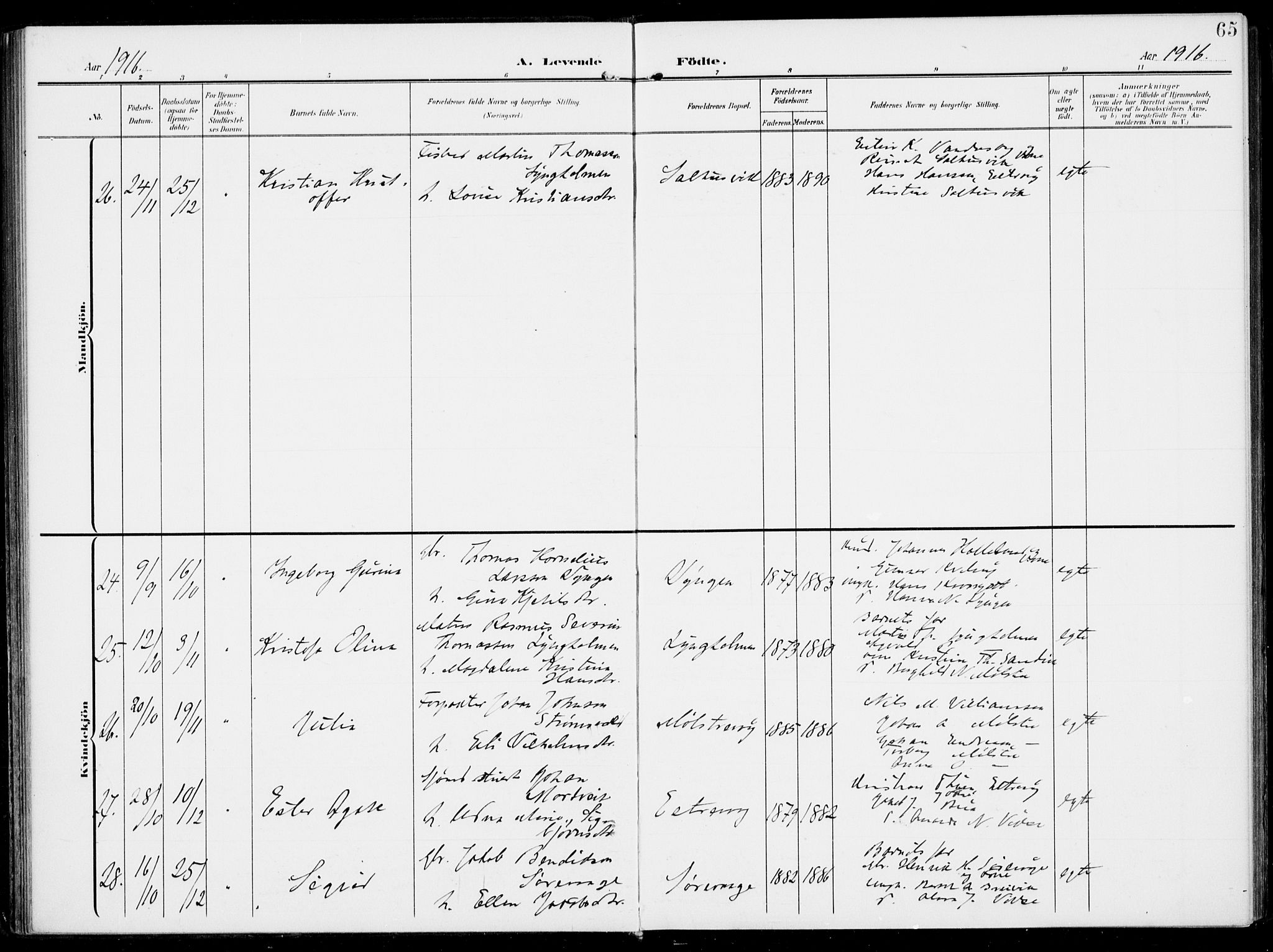 Sveio Sokneprestembete, AV/SAB-A-78501/H/Haa: Parish register (official) no. B  4, 1906-1919, p. 65