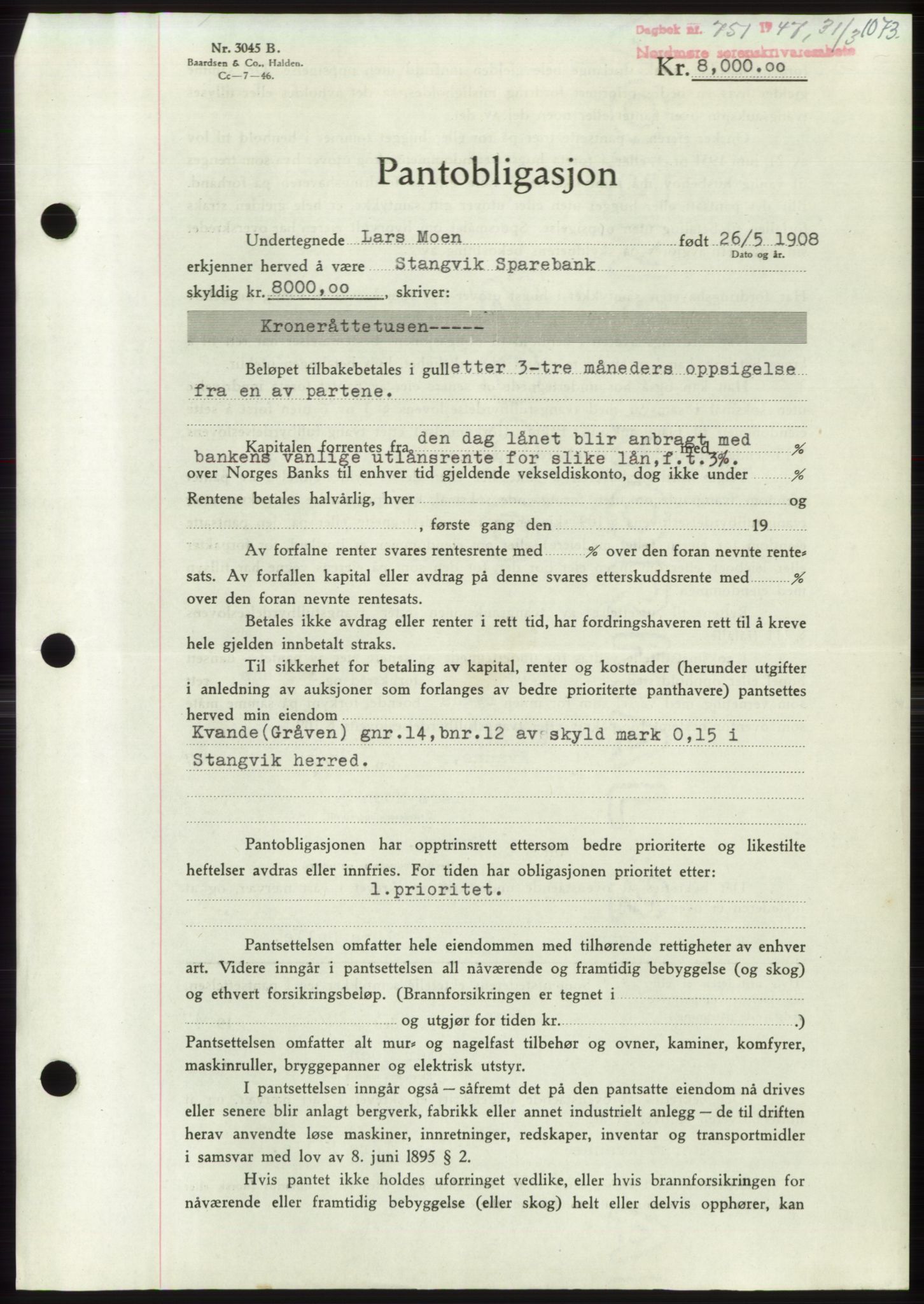 Nordmøre sorenskriveri, AV/SAT-A-4132/1/2/2Ca: Mortgage book no. B95, 1946-1947, Diary no: : 751/1947