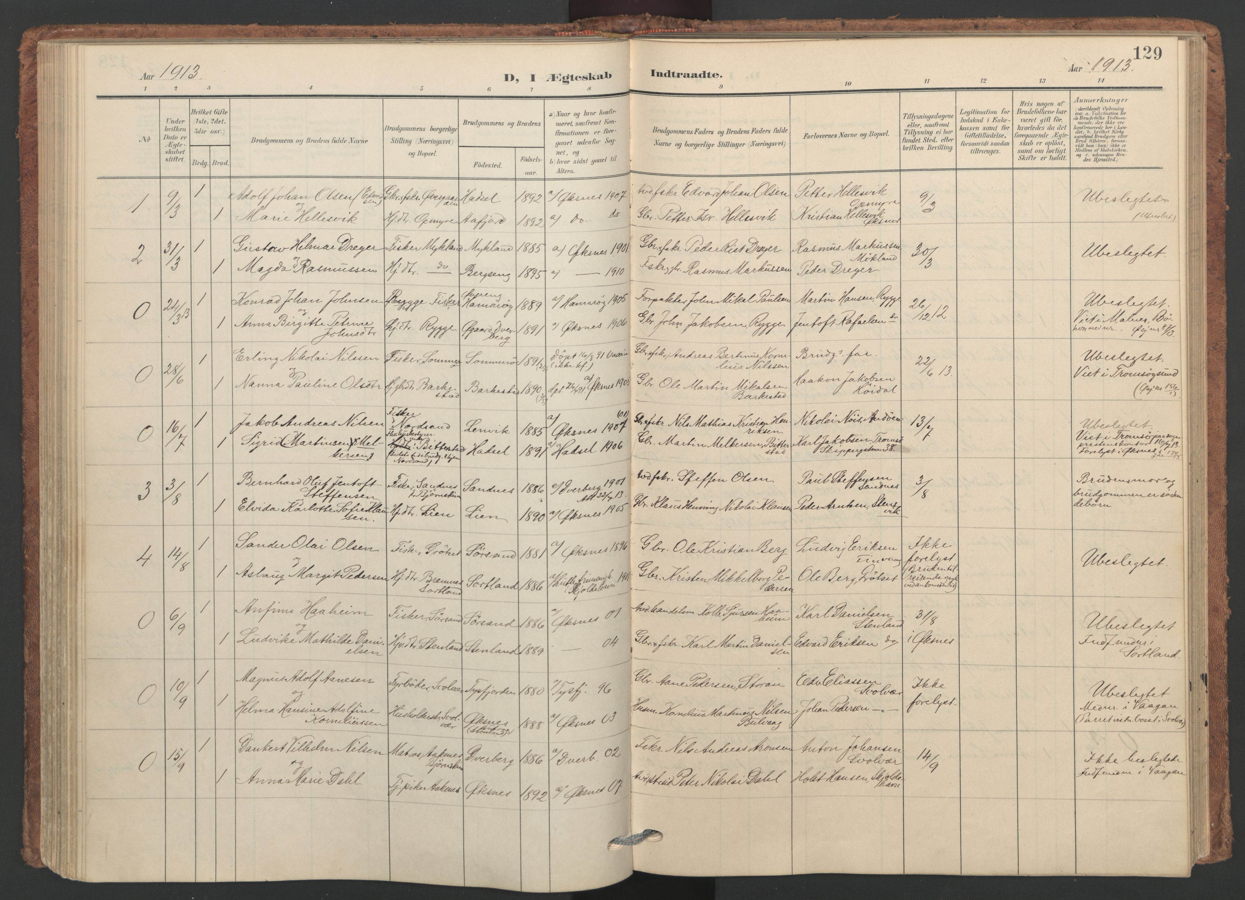 Ministerialprotokoller, klokkerbøker og fødselsregistre - Nordland, AV/SAT-A-1459/893/L1339: Parish register (official) no. 893A11, 1904-1914, p. 129