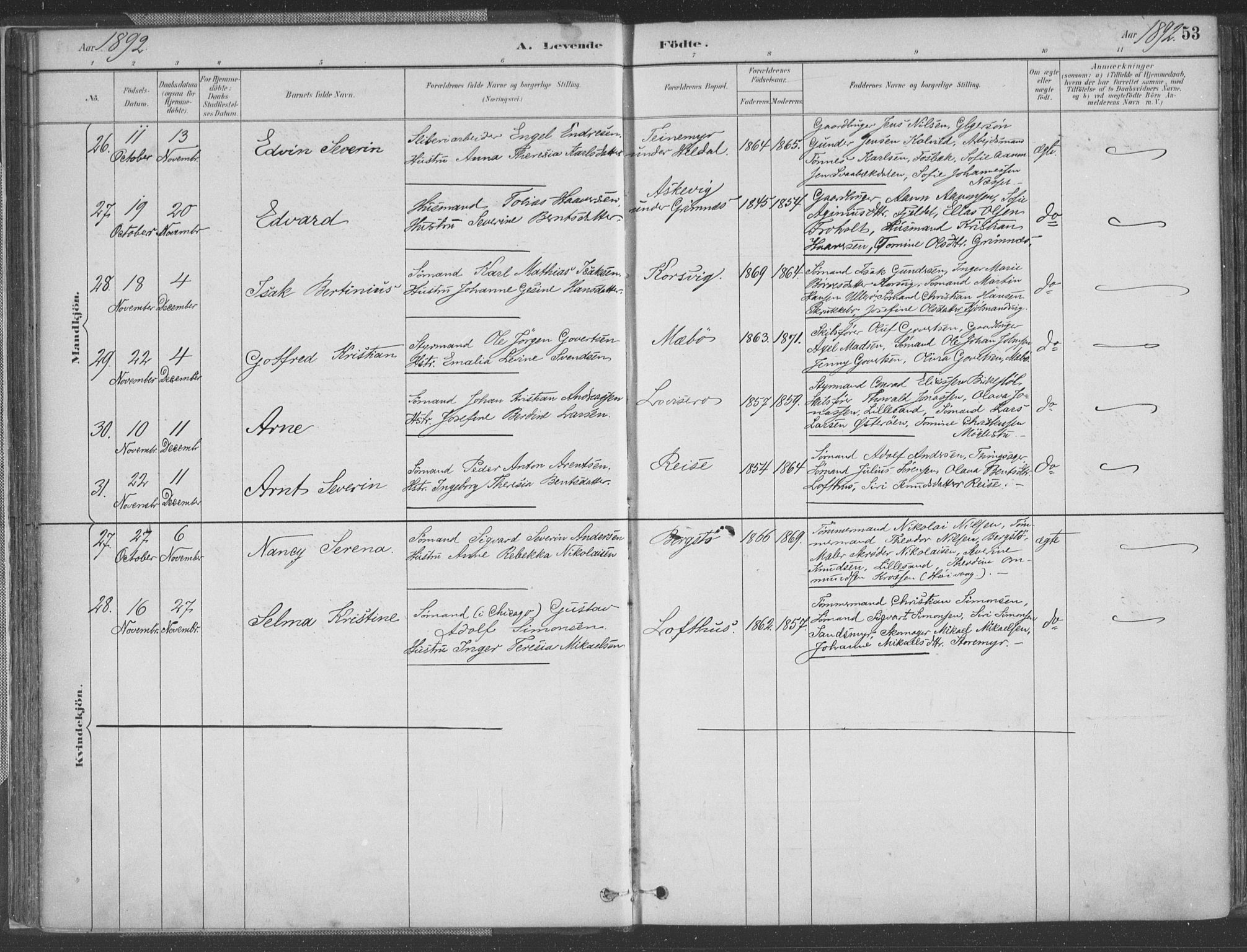 Vestre Moland sokneprestkontor, AV/SAK-1111-0046/F/Fa/Fab/L0009: Parish register (official) no. A 9, 1884-1899, p. 53