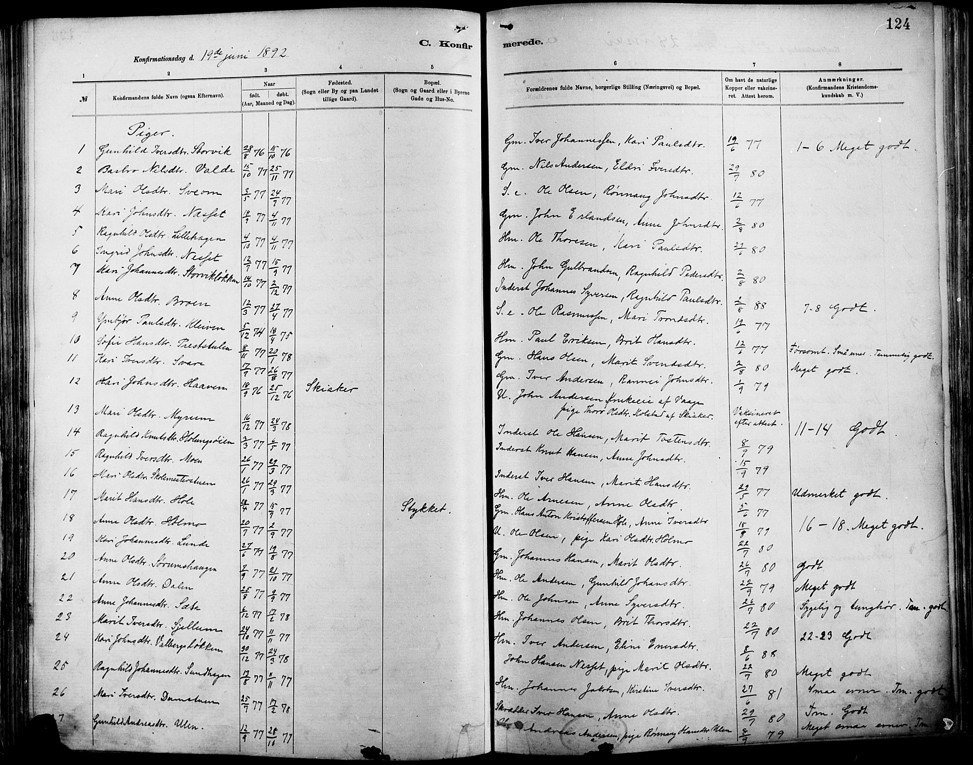 Vågå prestekontor, SAH/PREST-076/H/Ha/Haa/L0009: Parish register (official) no. 9, 1886-1904, p. 124