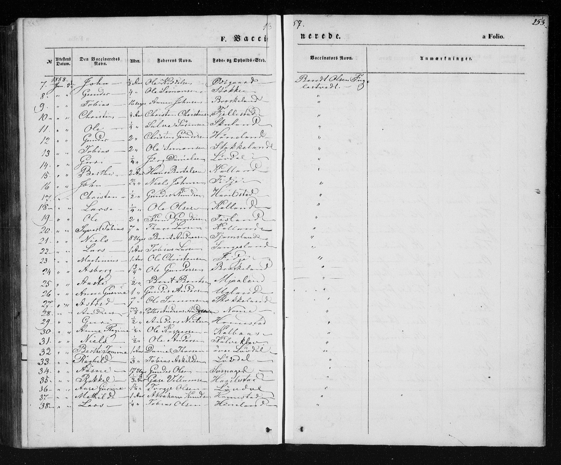 Holum sokneprestkontor, AV/SAK-1111-0022/F/Fa/Fab/L0005: Parish register (official) no. A 5, 1847-1874, p. 253