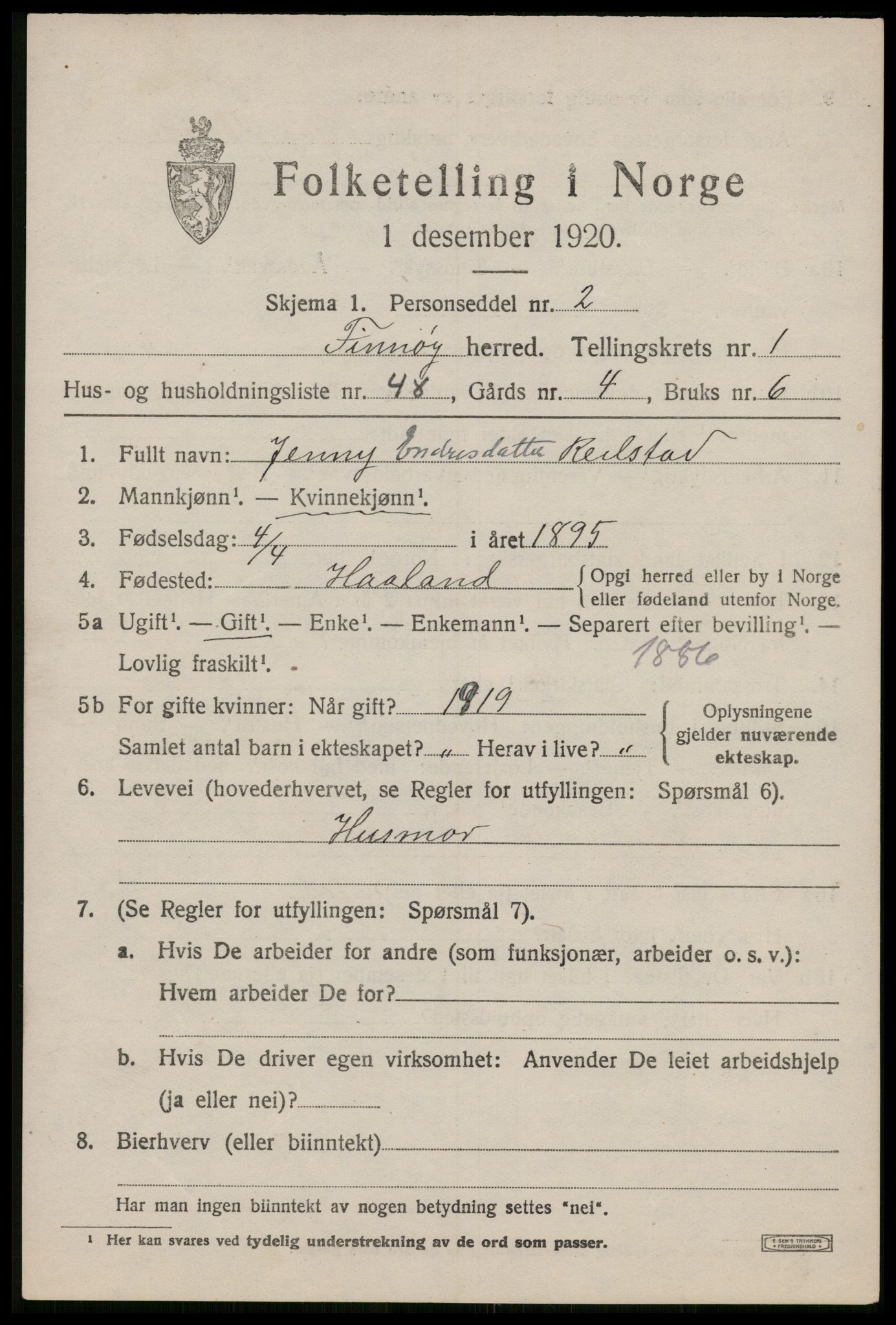 SAST, 1920 census for Finnøy, 1920, p. 1016