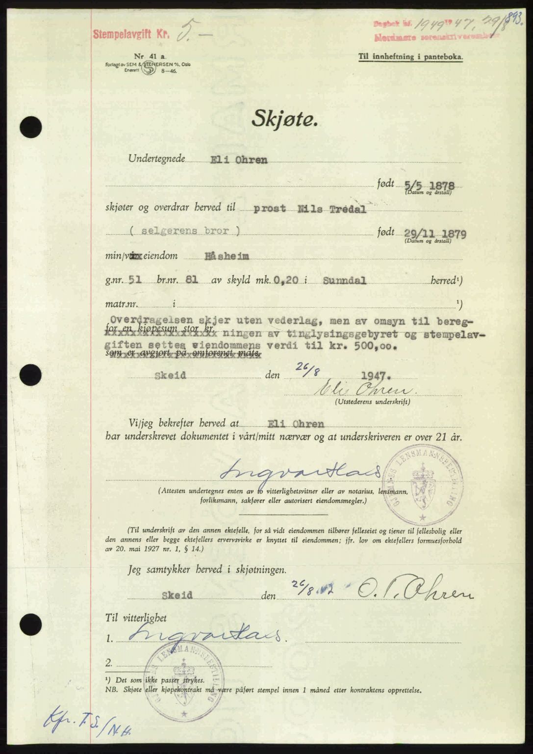 Nordmøre sorenskriveri, AV/SAT-A-4132/1/2/2Ca: Mortgage book no. A105, 1947-1947, Diary no: : 1949/1947