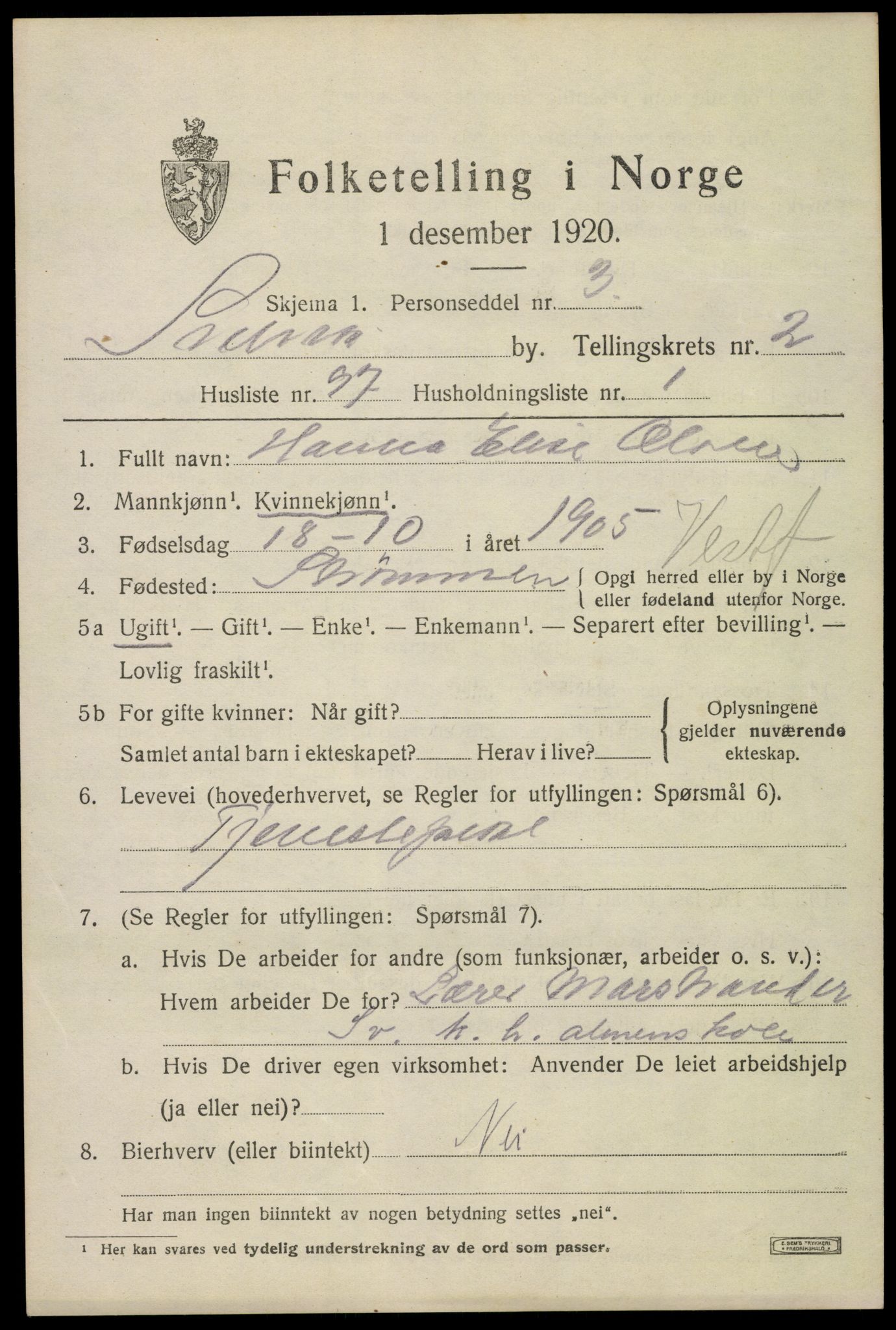 SAKO, 1920 census for Svelvik, 1920, p. 3379