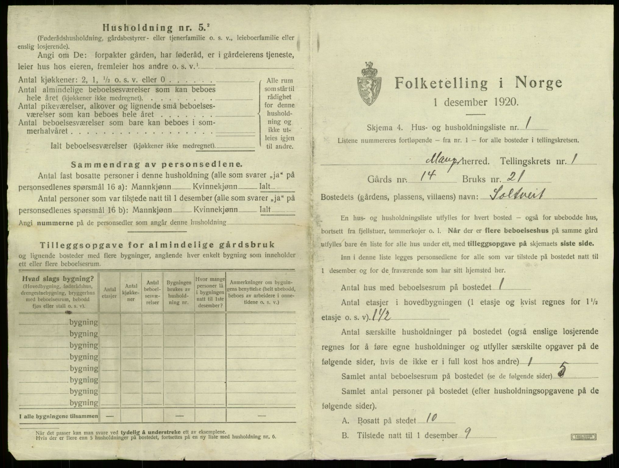 SAB, 1920 census for Manger, 1920, p. 60