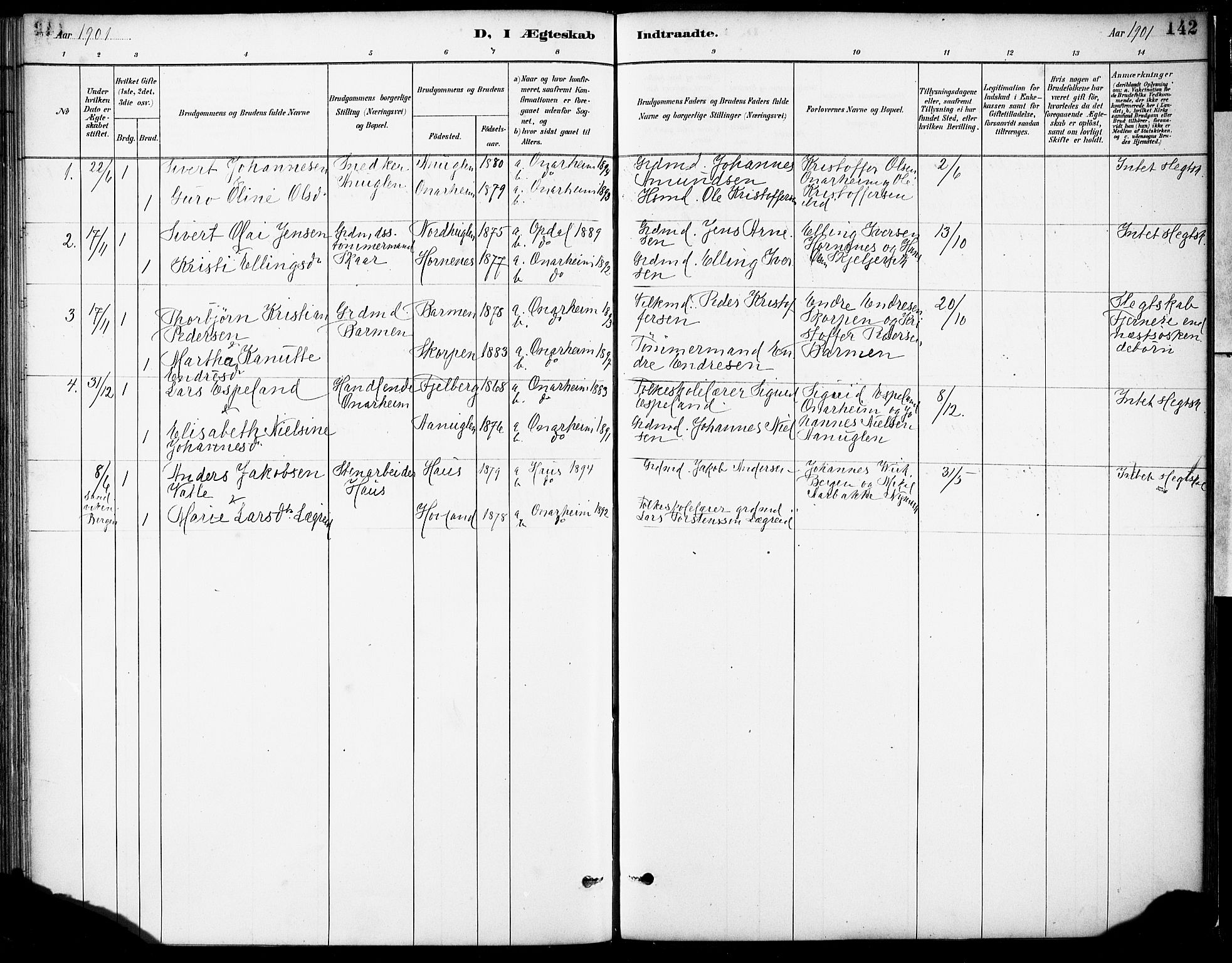 Tysnes sokneprestembete, SAB/A-78601/H/Haa: Parish register (official) no. C 1, 1887-1912, p. 142