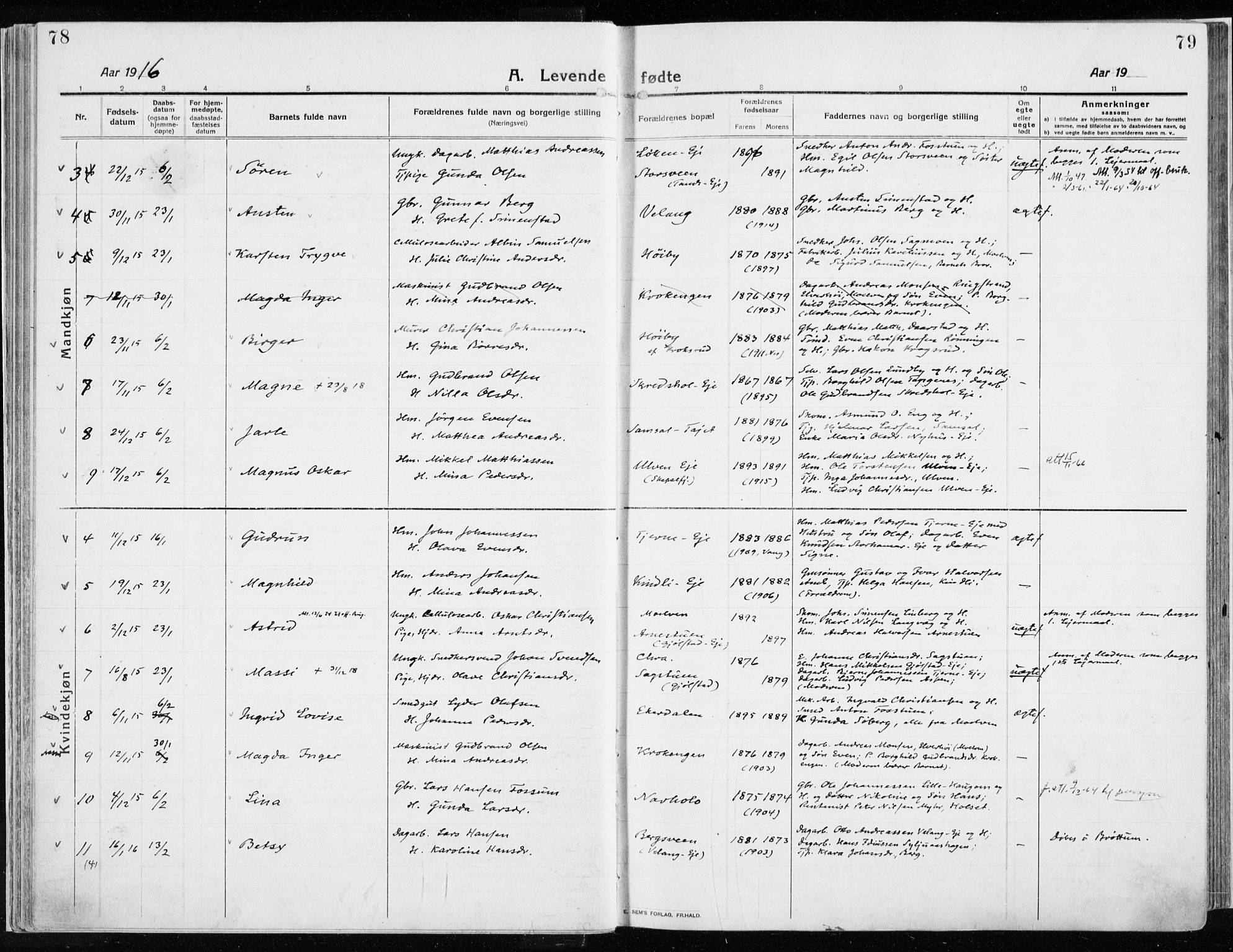 Ringsaker prestekontor, AV/SAH-PREST-014/K/Ka/L0020: Parish register (official) no. 20, 1913-1922, p. 78-79