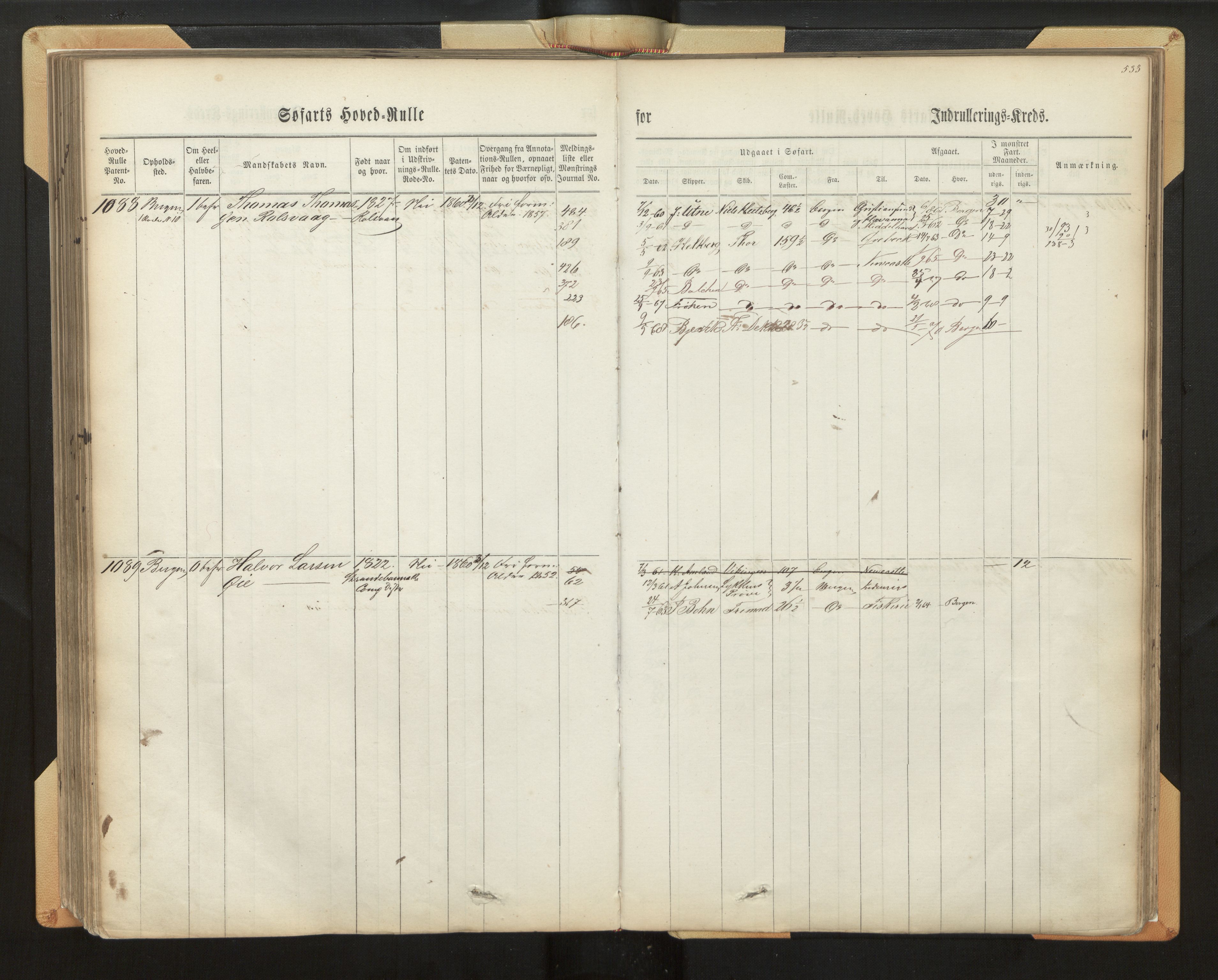 Innrulleringssjefen i Bergen, AV/SAB-A-100050/F/Fh/L0008: Sjøfarts-hovedrulle for Bergen krets, fol. 316 - 636, 1860-1865, p. 533