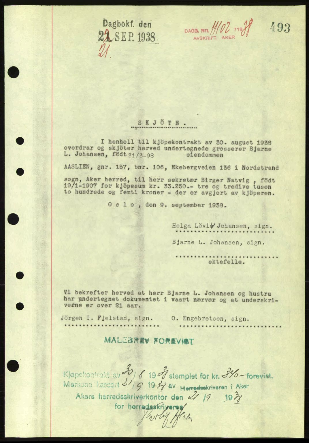 Aker herredsskriveri, SAO/A-10896/G/Gb/Gba/Gbab/L0025: Mortgage book no. A154-155, 1938-1938, Diary no: : 11102/1938