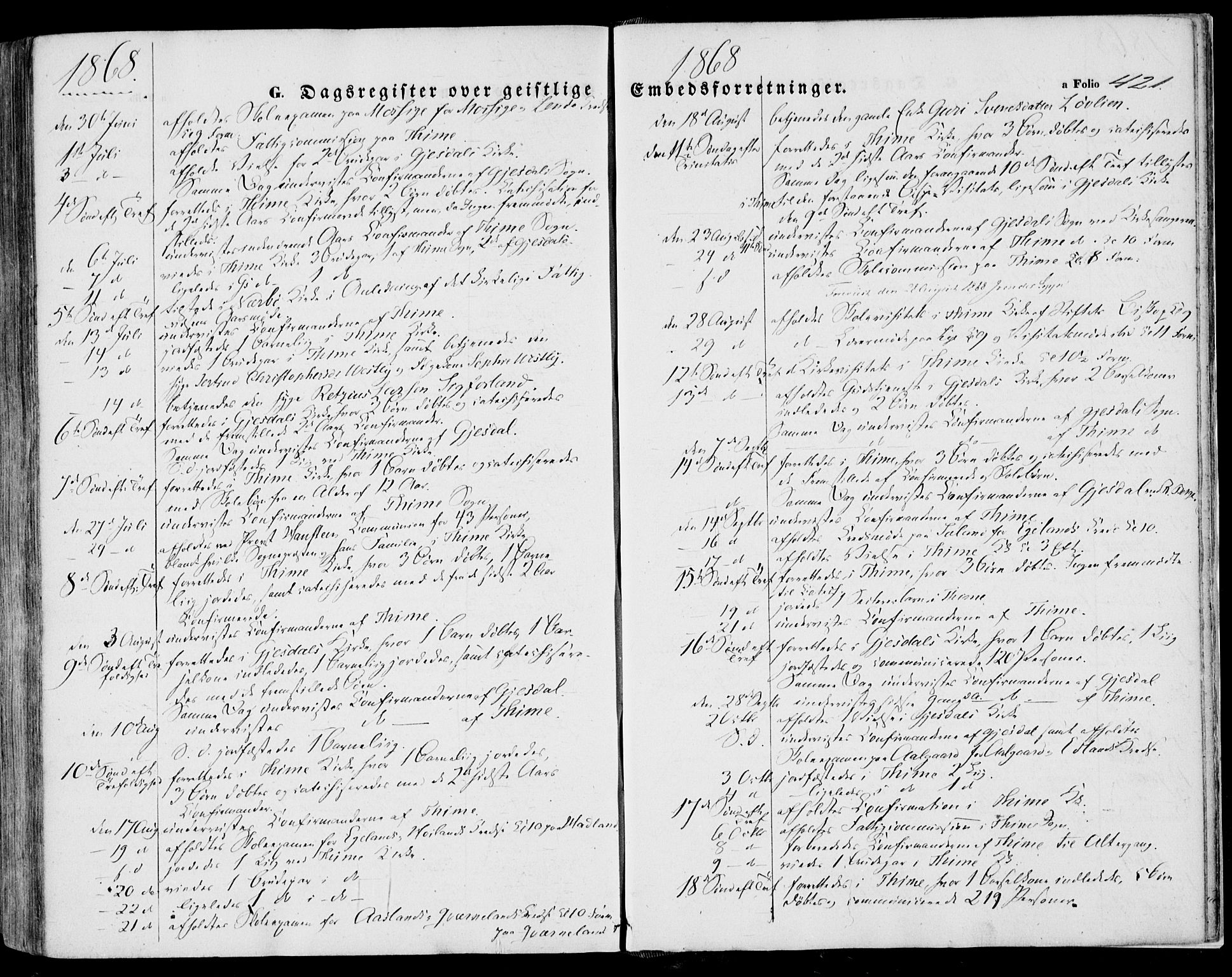 Lye sokneprestkontor, AV/SAST-A-101794/001/30BA/L0007: Parish register (official) no. A 6, 1856-1871, p. 421