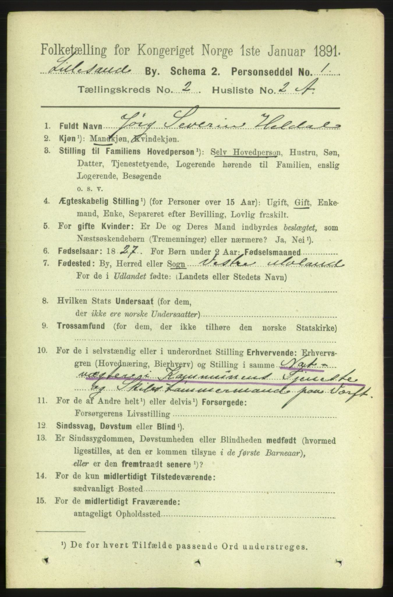 RA, 1891 census for 0905 Lillesand, 1891, p. 276