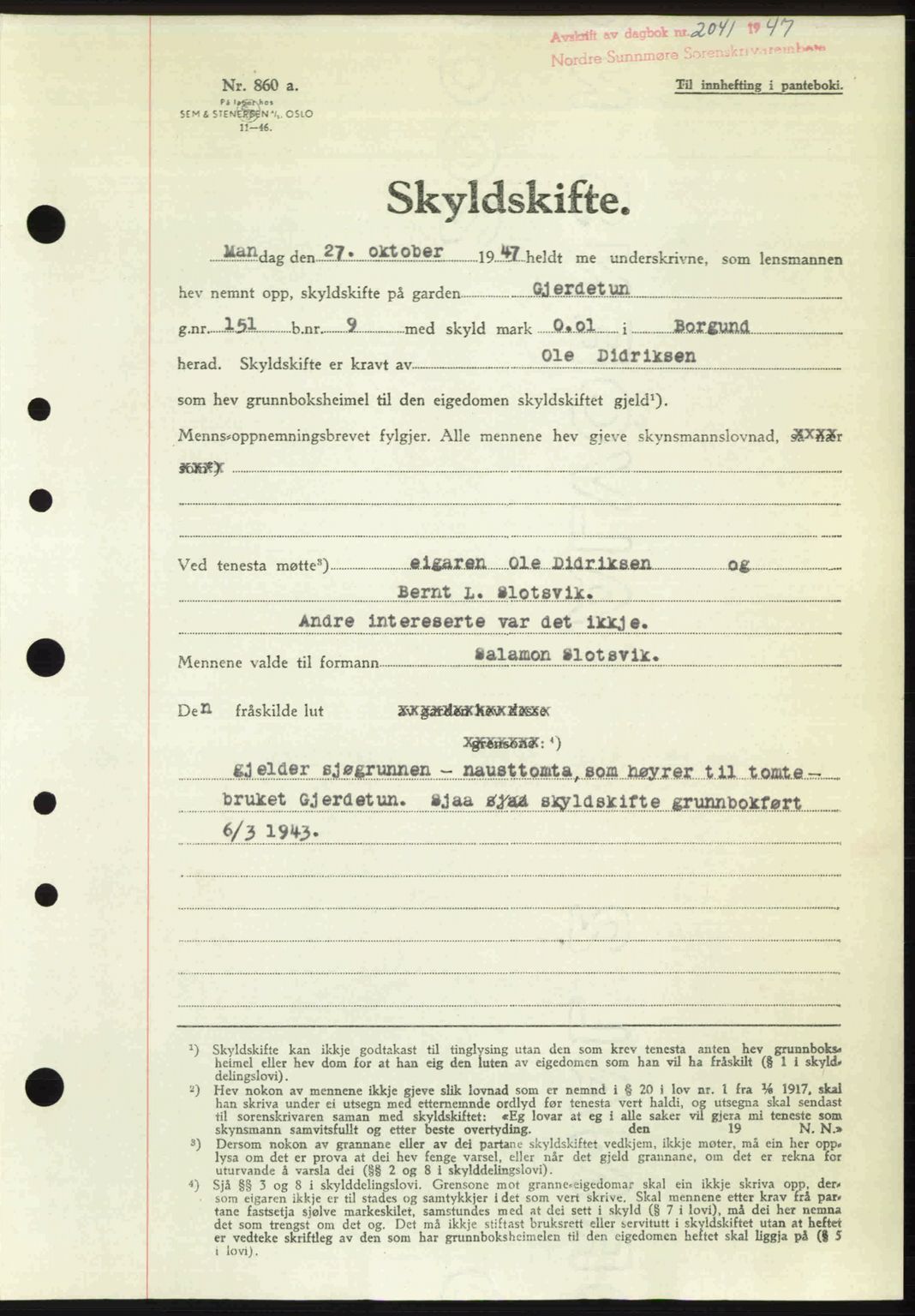 Nordre Sunnmøre sorenskriveri, AV/SAT-A-0006/1/2/2C/2Ca: Mortgage book no. A26, 1947-1948, Diary no: : 2041/1947