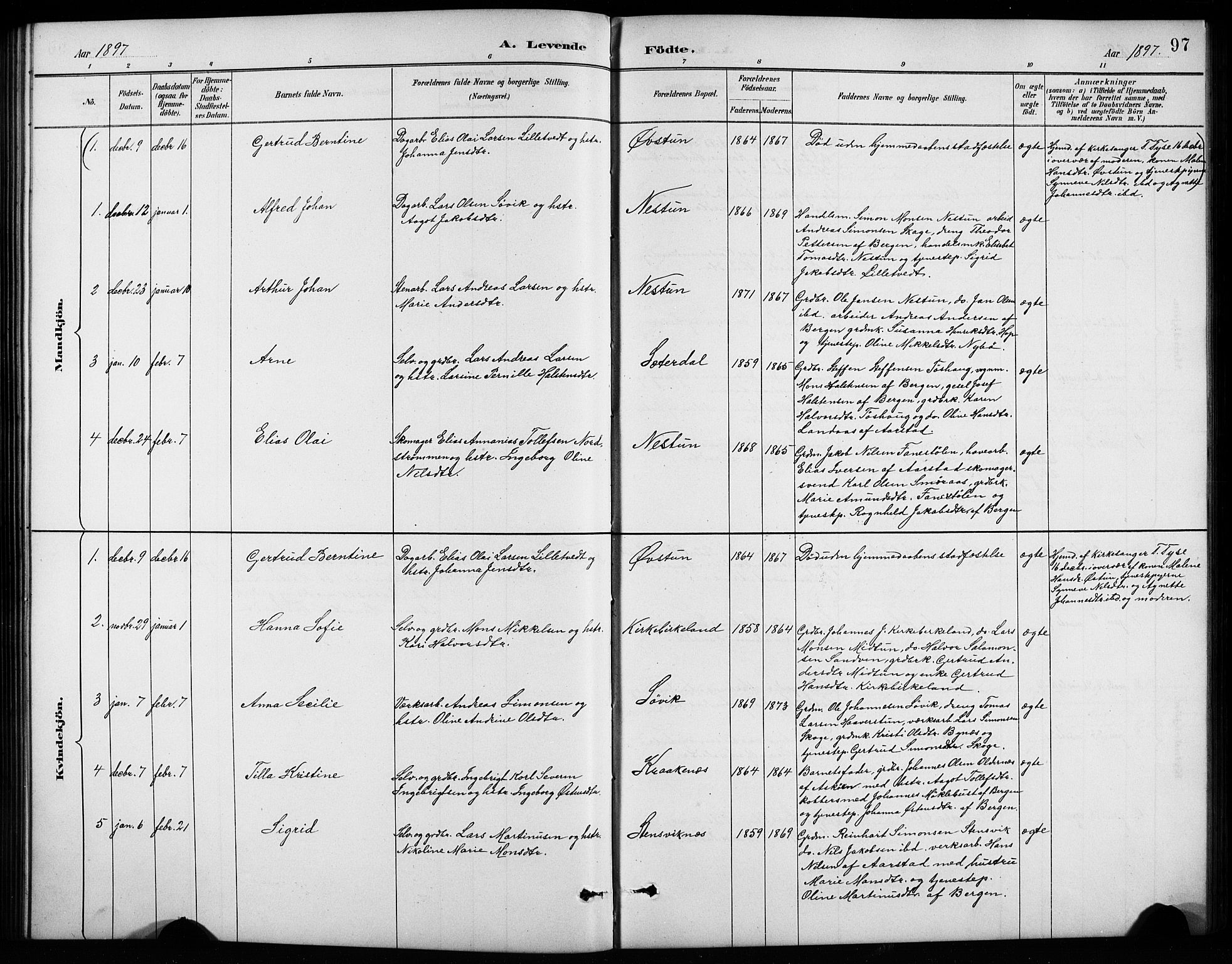 Birkeland Sokneprestembete, AV/SAB-A-74601/H/Hab: Parish register (copy) no. A 4, 1888-1897, p. 97