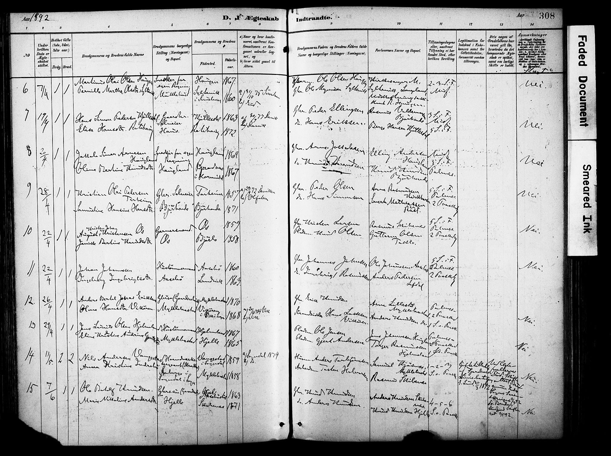 Eid sokneprestembete, AV/SAB-A-82301/H/Haa/Haab/L0001: Parish register (official) no. B 1, 1879-1906, p. 308