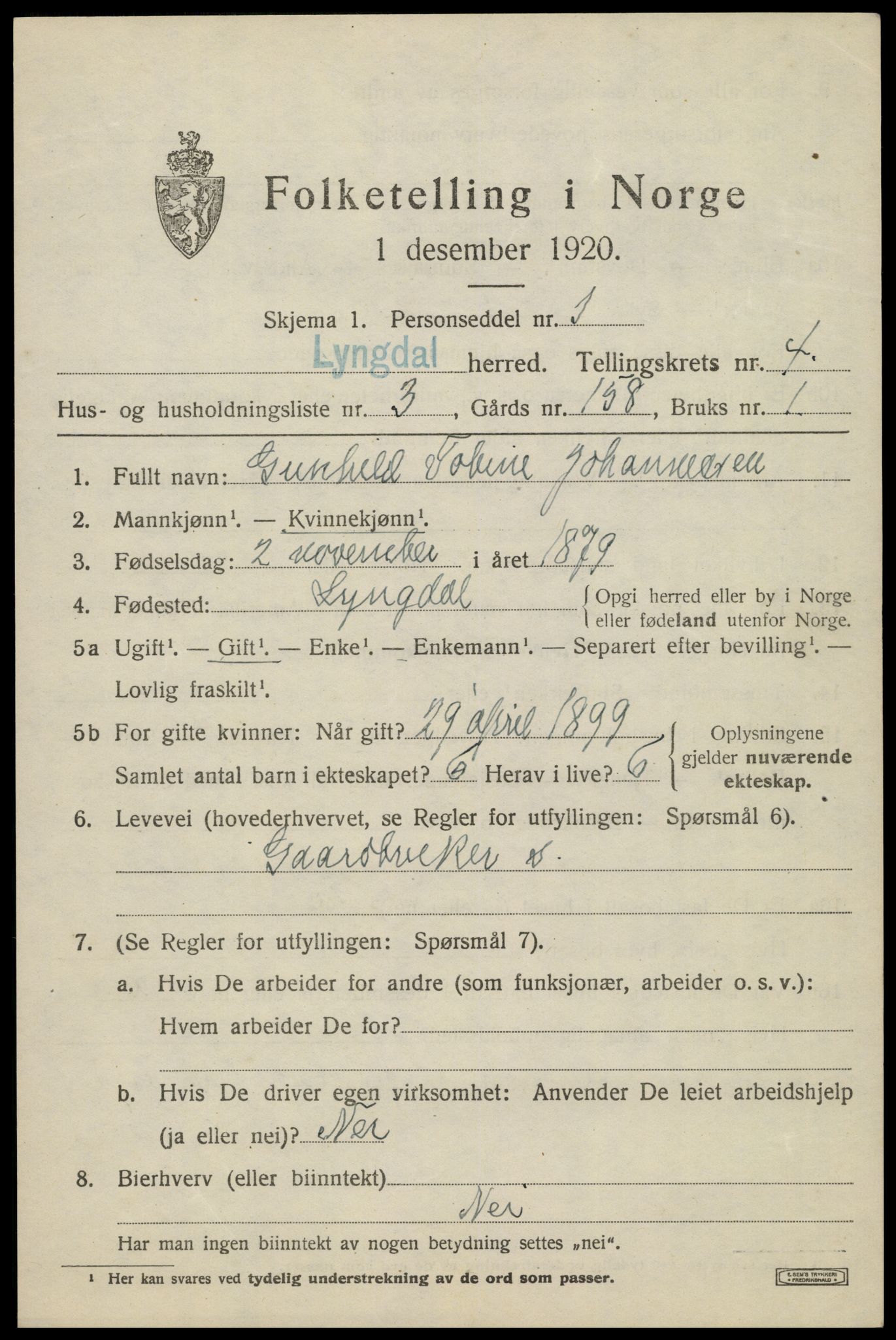 SAK, 1920 census for Lyngdal, 1920, p. 2405