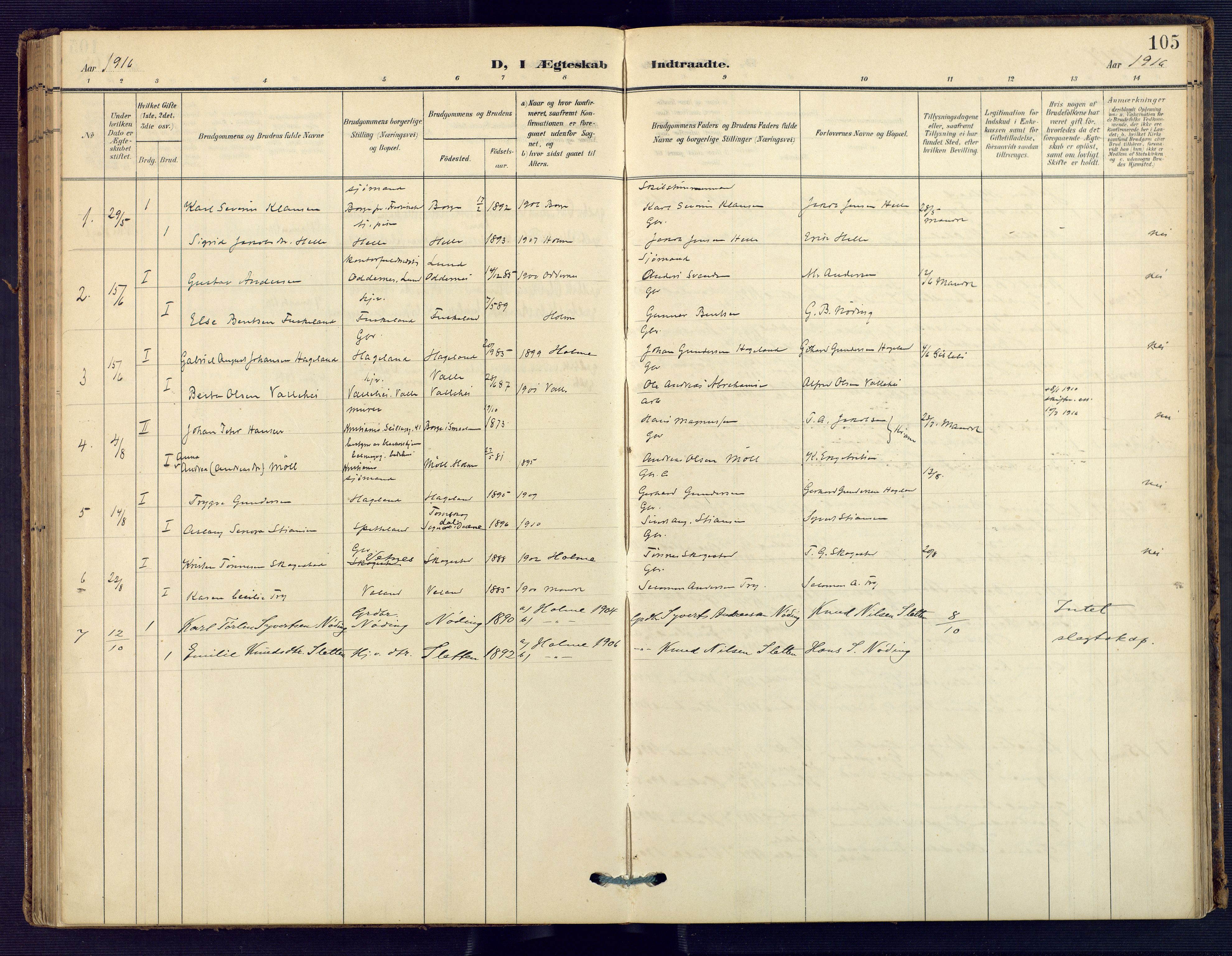 Holum sokneprestkontor, SAK/1111-0022/F/Fa/Faa/L0008: Parish register (official) no. A 8, 1908-1929, p. 105