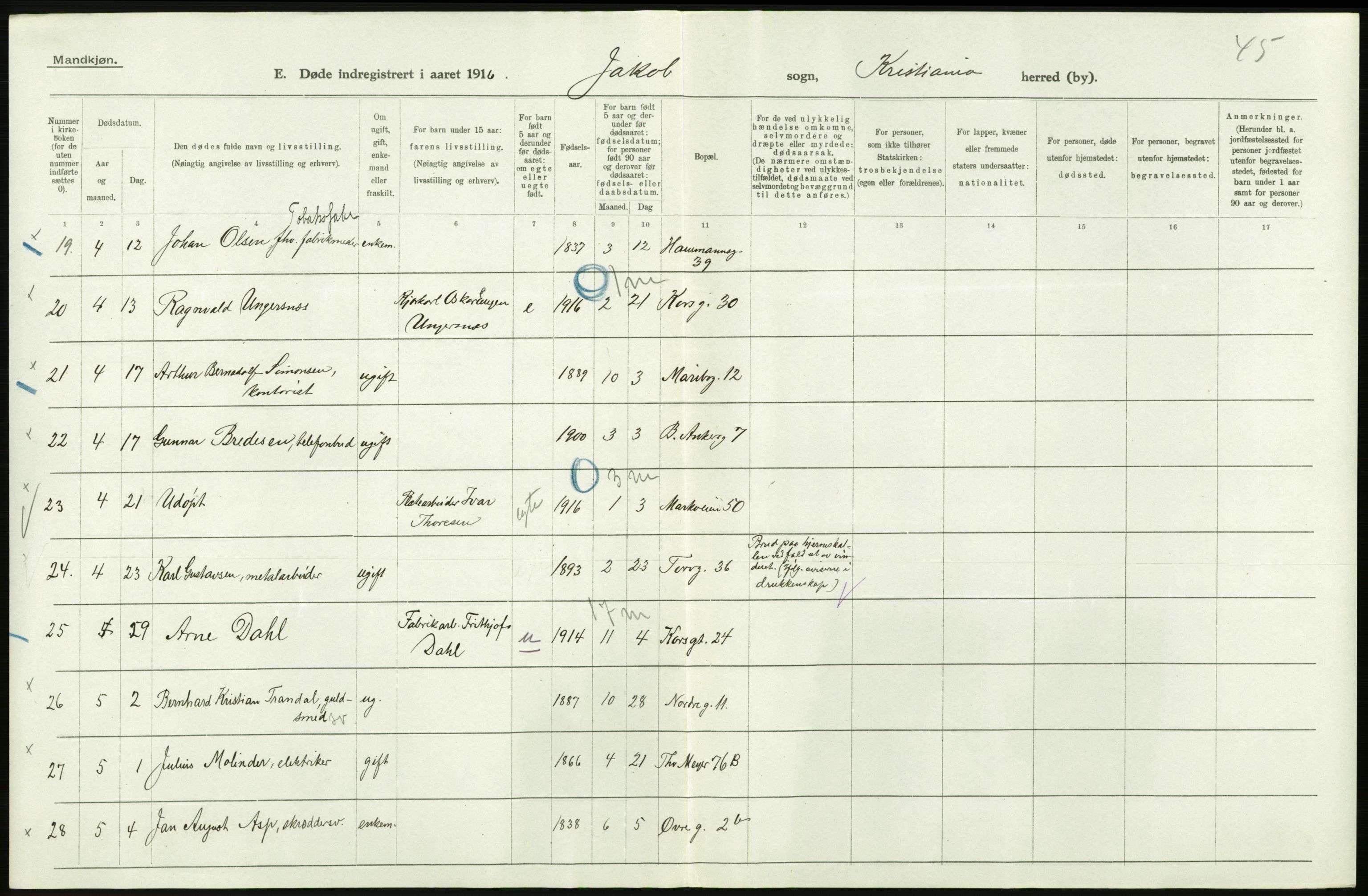 Statistisk sentralbyrå, Sosiodemografiske emner, Befolkning, AV/RA-S-2228/D/Df/Dfb/Dfbf/L0009: Kristiania: Døde., 1916, p. 306