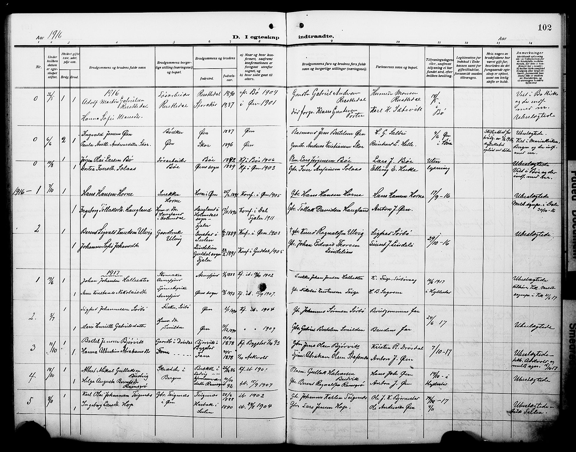 Hyllestad sokneprestembete, SAB/A-80401: Parish register (copy) no. C 4, 1914-1927, p. 102