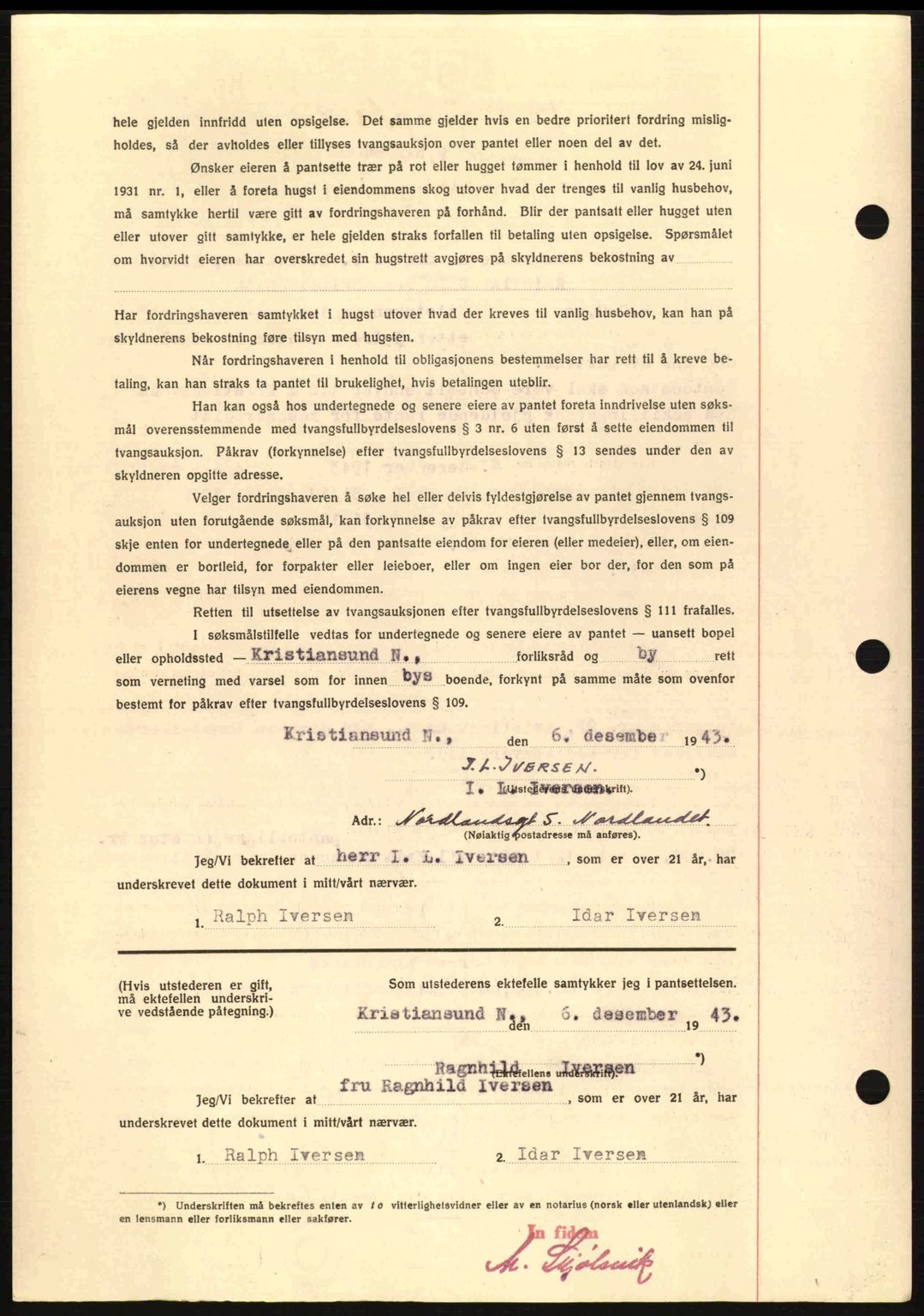 Kristiansund byfogd, AV/SAT-A-4587/A/27: Mortgage book no. 37-38, 1943-1945, Diary no: : 1026/1943