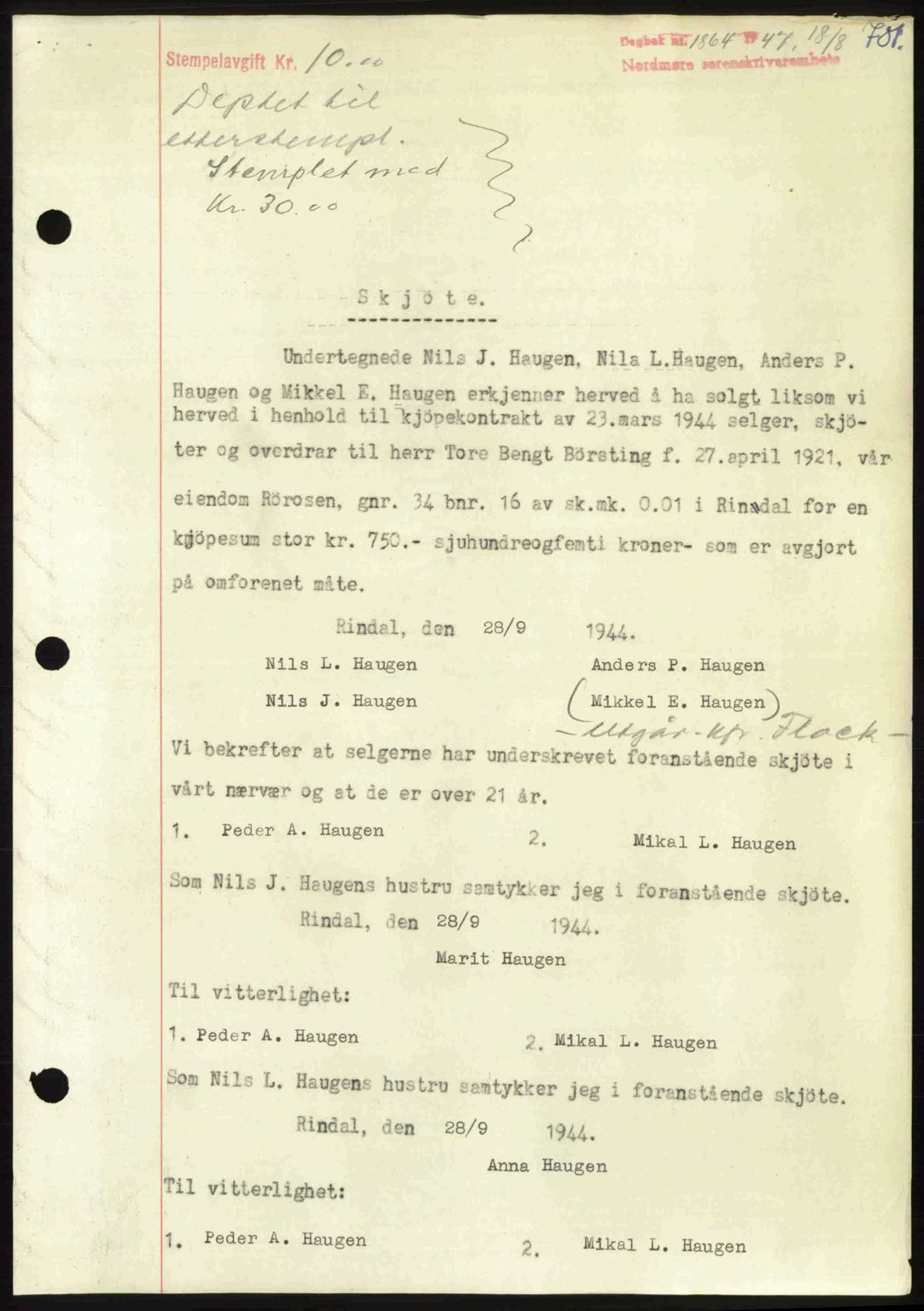 Nordmøre sorenskriveri, AV/SAT-A-4132/1/2/2Ca: Mortgage book no. A105, 1947-1947, Diary no: : 1864/1947