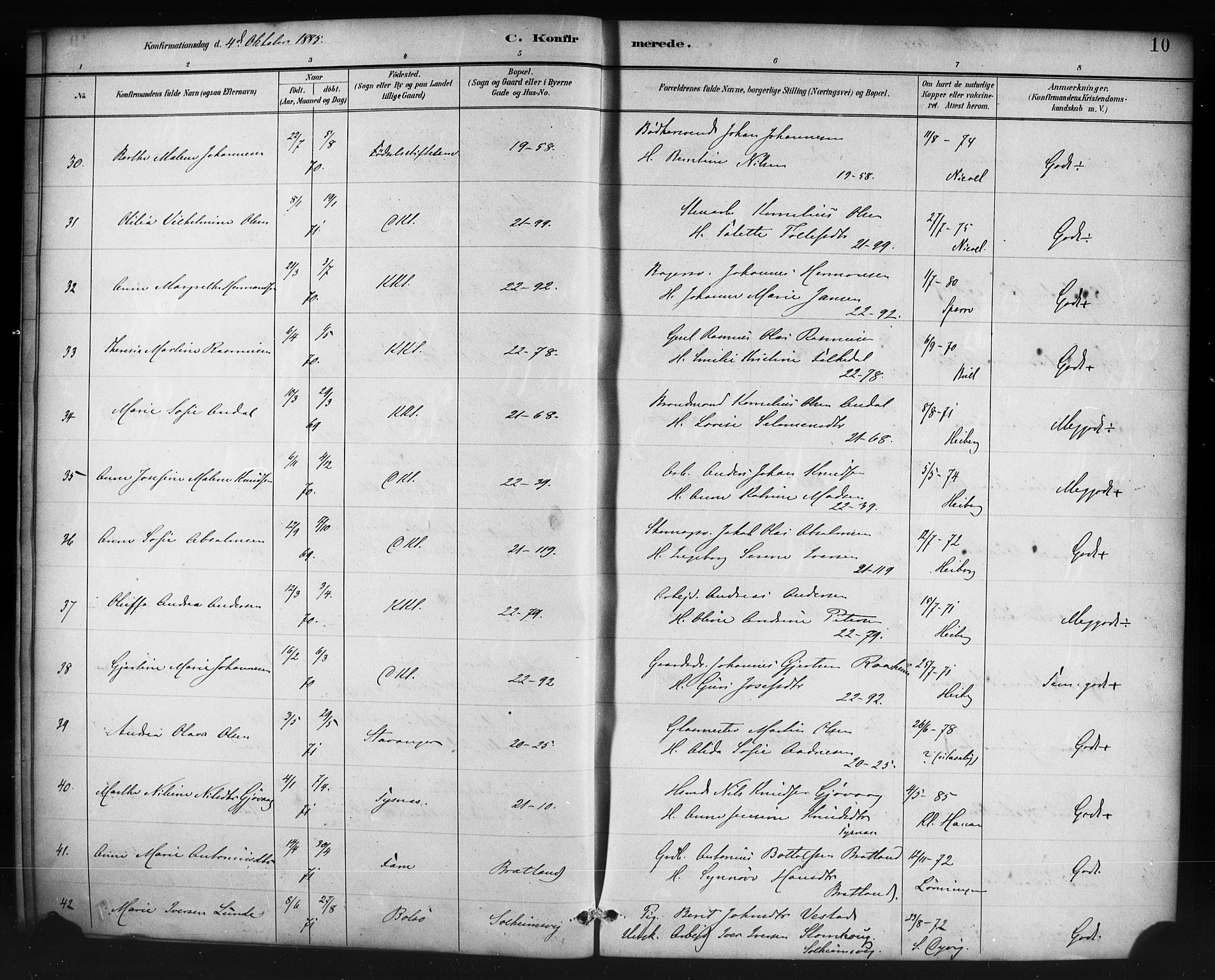 Korskirken sokneprestembete, SAB/A-76101/H/Haa/L0071: Curate's parish register no. A 6, 1885-1912, p. 10