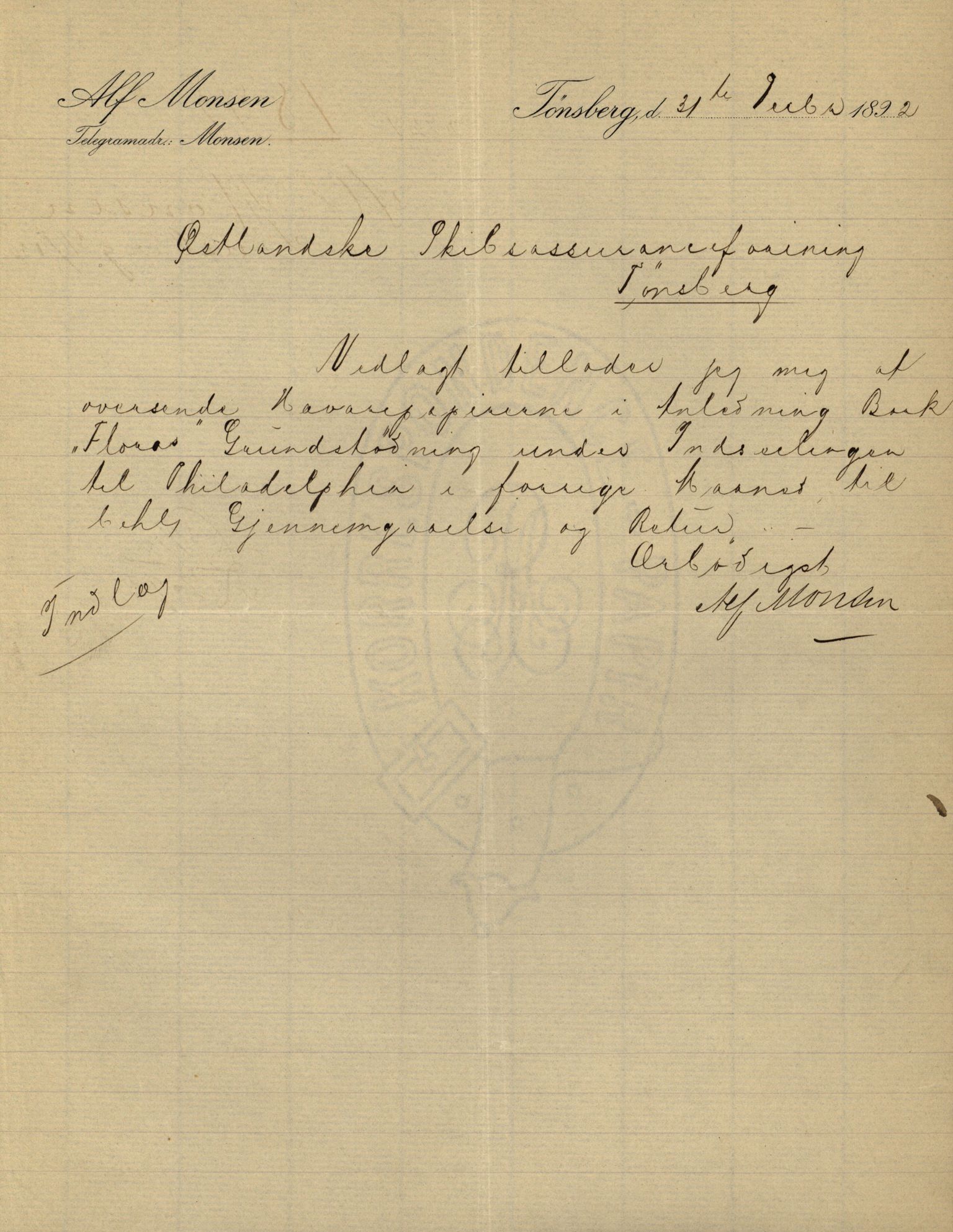 Pa 63 - Østlandske skibsassuranceforening, VEMU/A-1079/G/Ga/L0029/0007: Havaridokumenter / Diamant, Foldin, Aise, Florida, Flora, 1892, p. 133